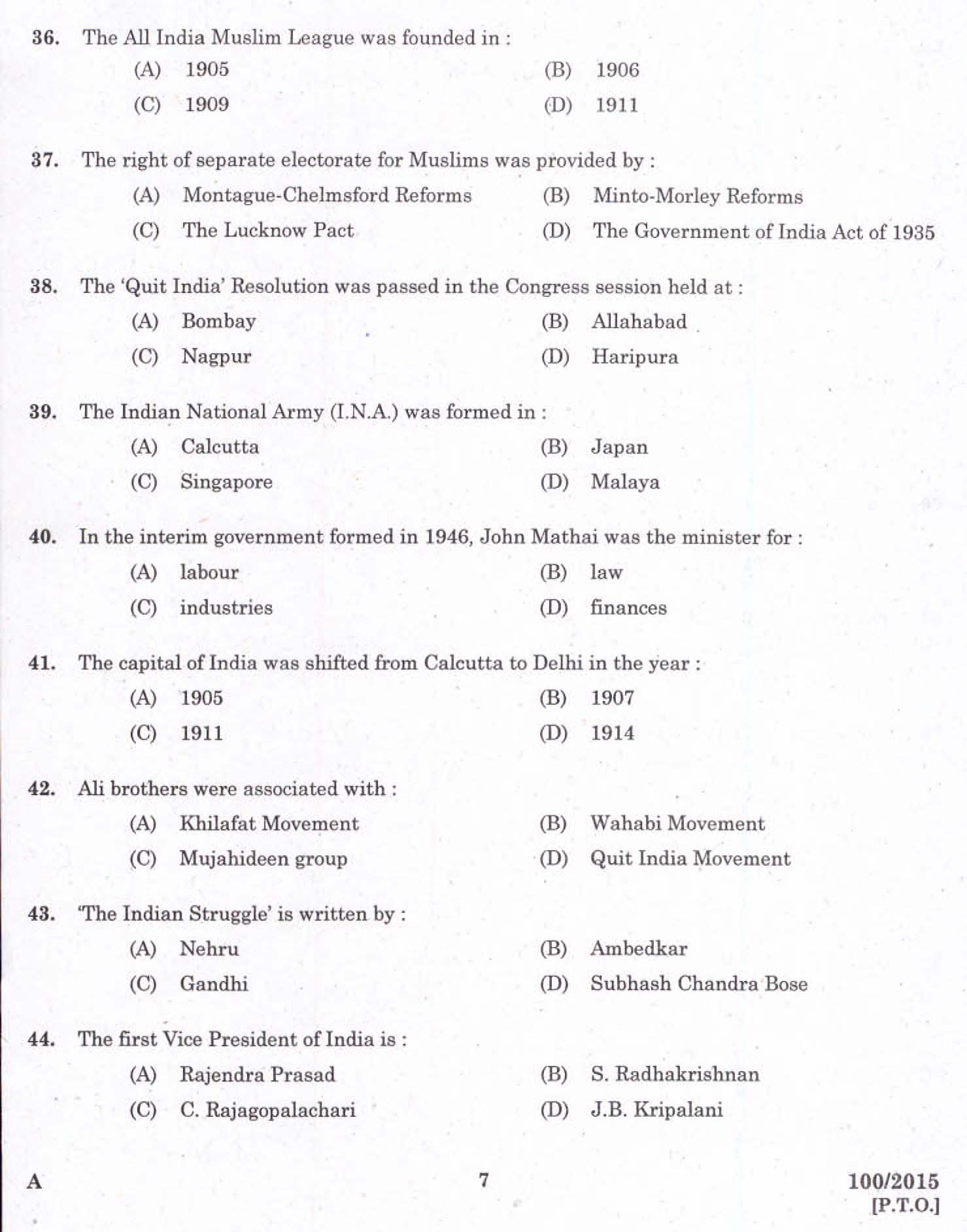 Kerala LD Typist Exam 2015 Question Paper Code 1002015 5