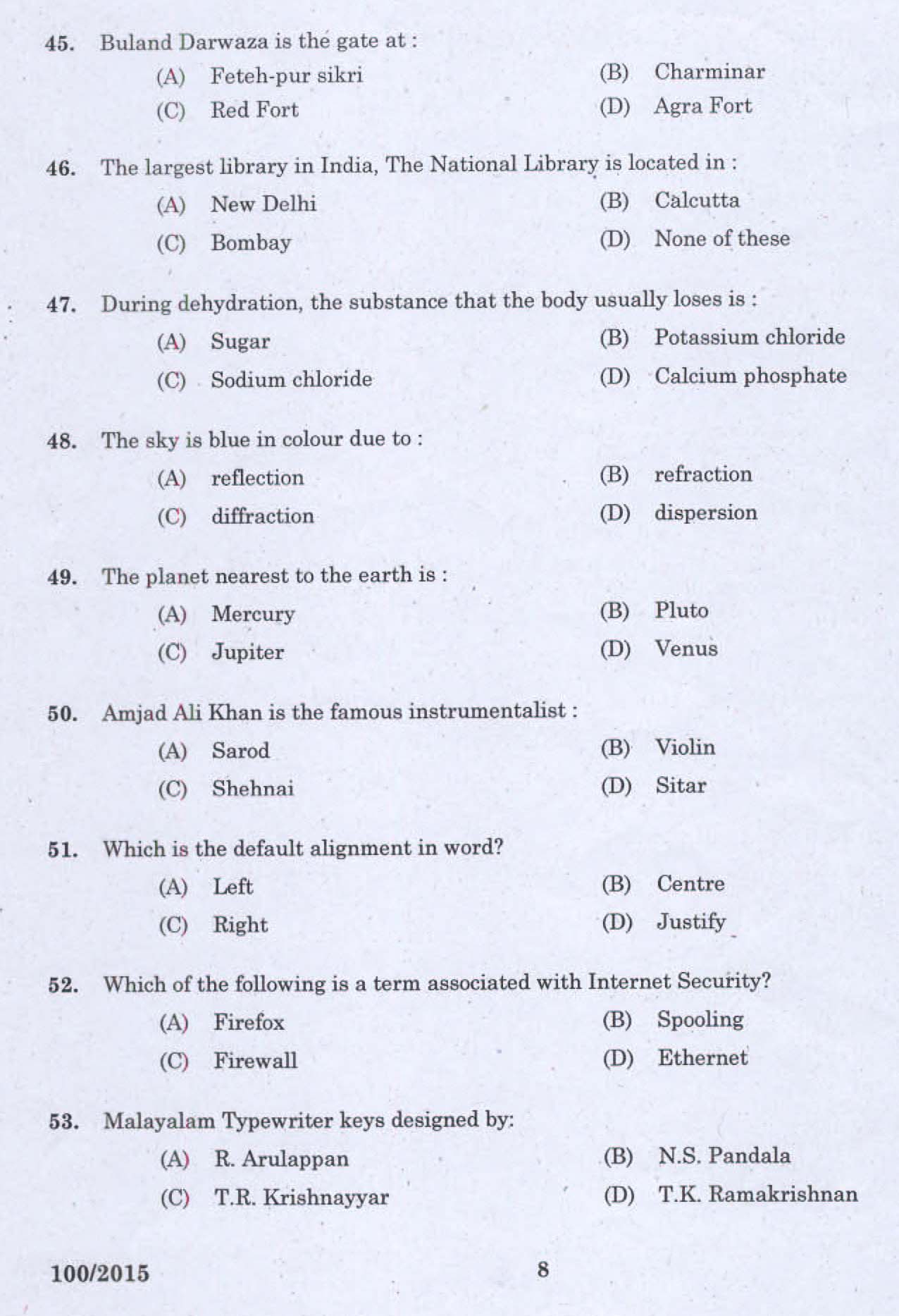 Kerala LD Typist Exam 2015 Question Paper Code 1002015 6