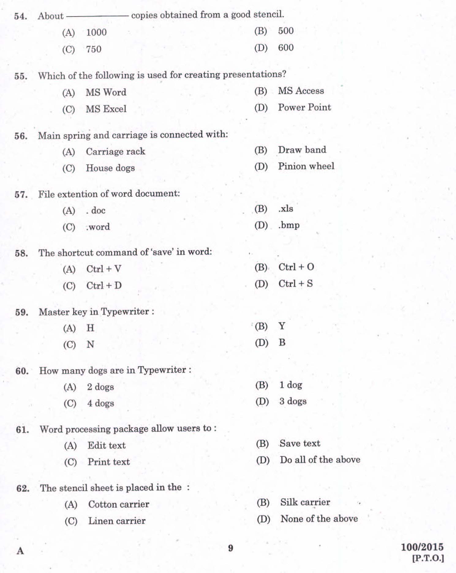 Kerala LD Typist Exam 2015 Question Paper Code 1002015 7