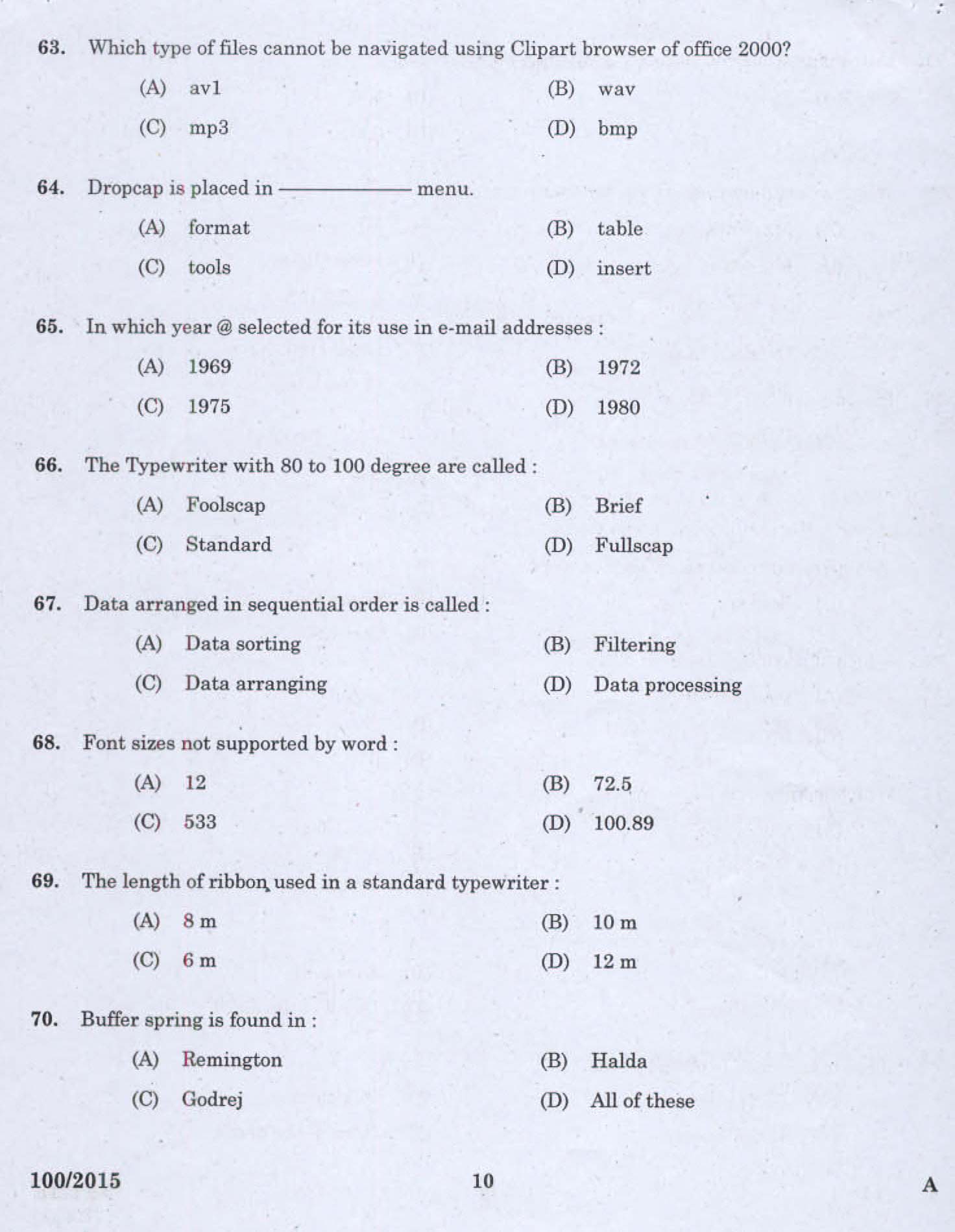 Kerala LD Typist Exam 2015 Question Paper Code 1002015 8