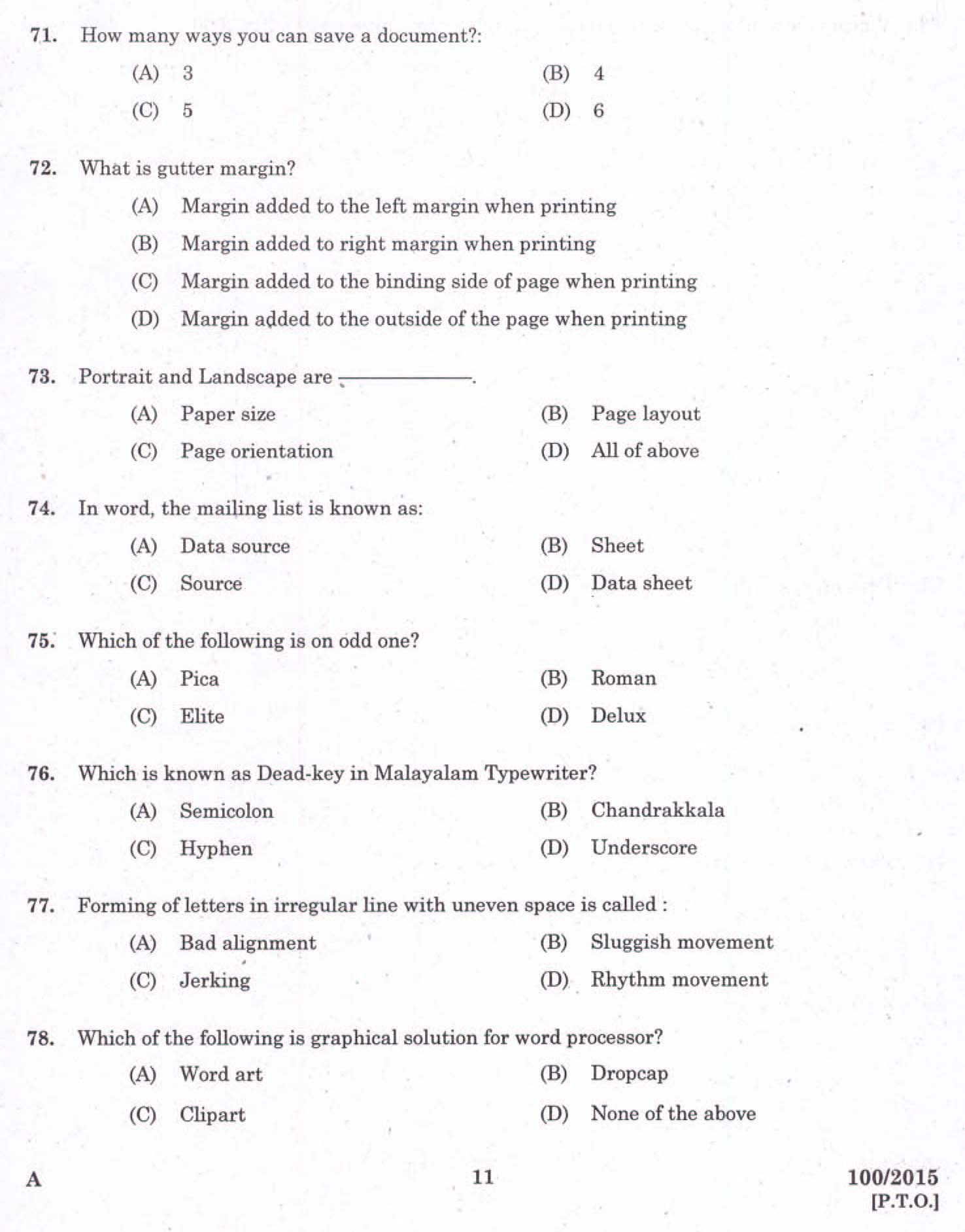 Kerala LD Typist Exam 2015 Question Paper Code 1002015 9