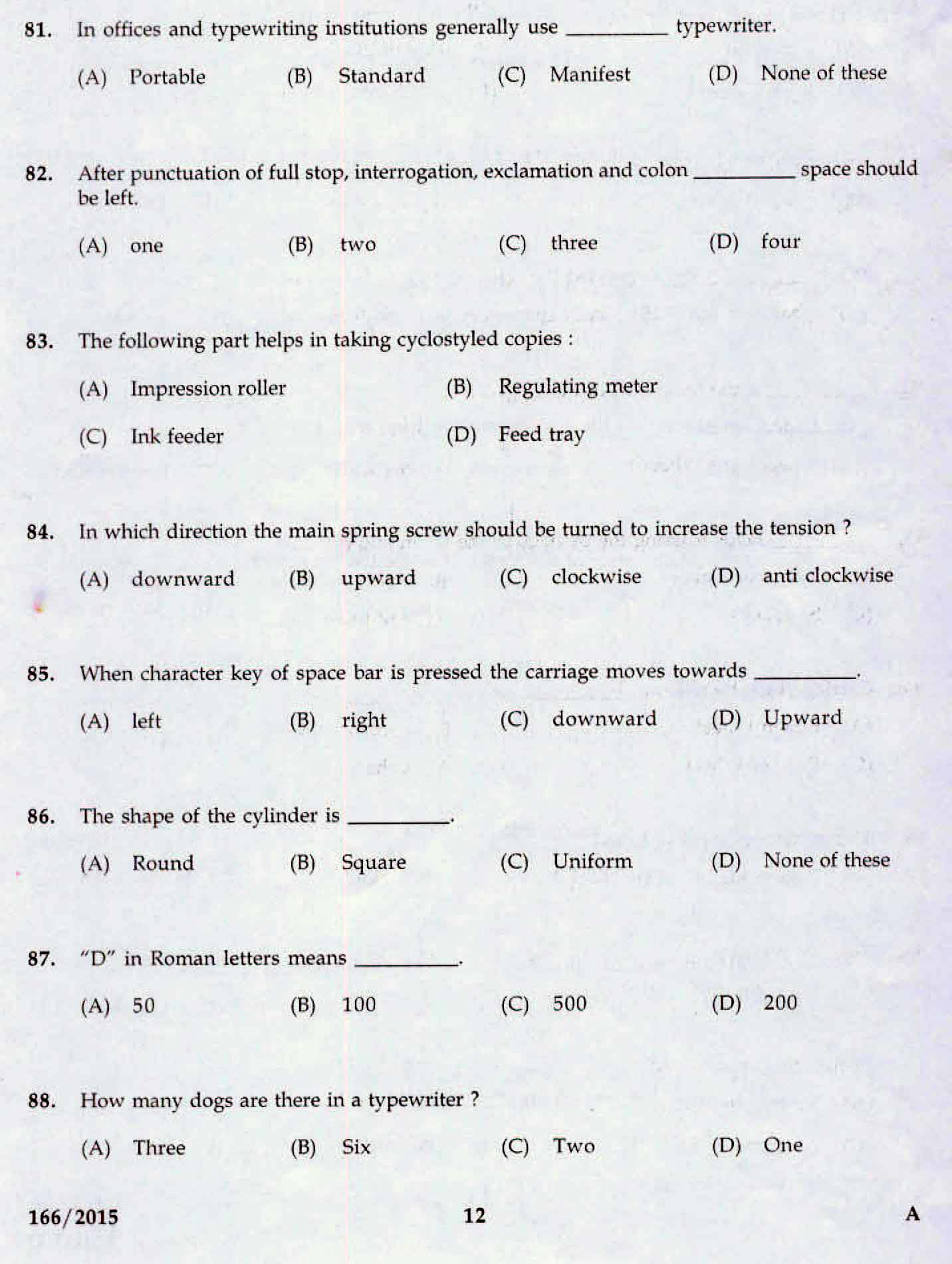 Kerala LD Typist Exam 2015 Question Paper Code 1662015 10