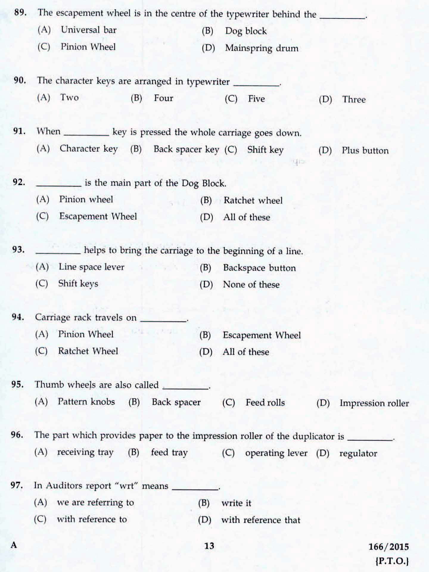 Kerala LD Typist Exam 2015 Question Paper Code 1662015 11