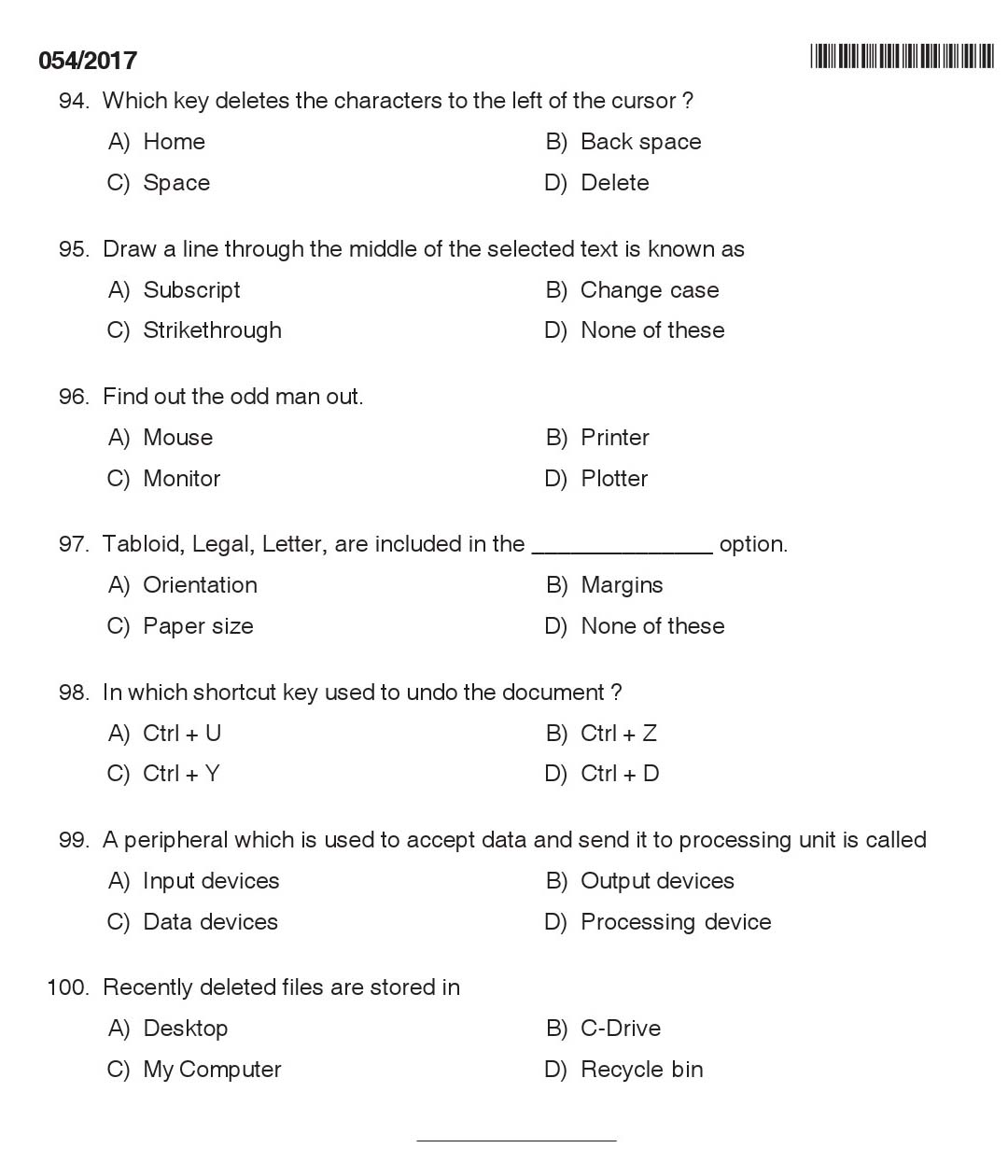 Kerala LD Typist Exam 2017 Question Paper Code 0542017 13