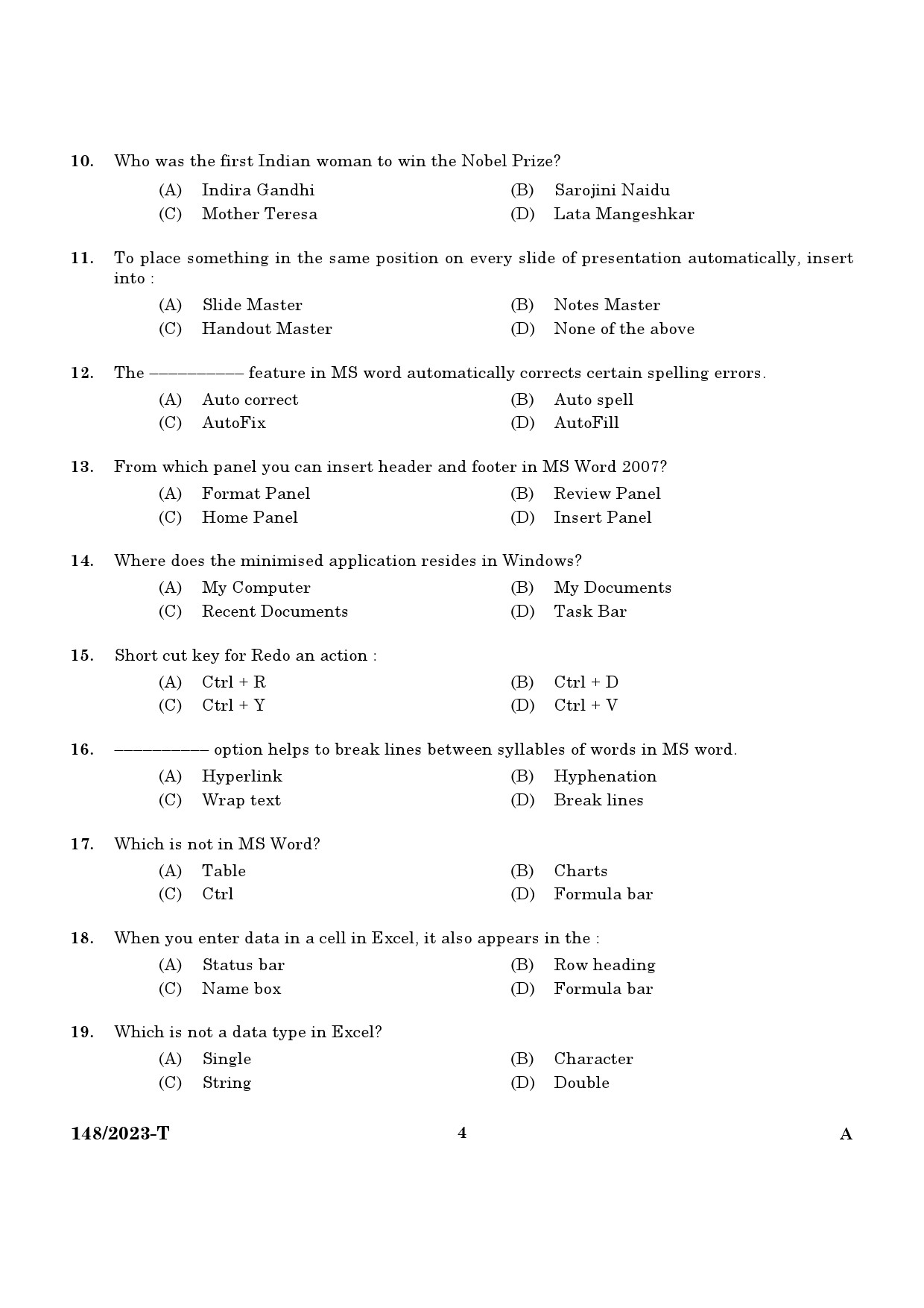 KPSC LD Typist Tamil Exam 2023 Code 1482023 T 2