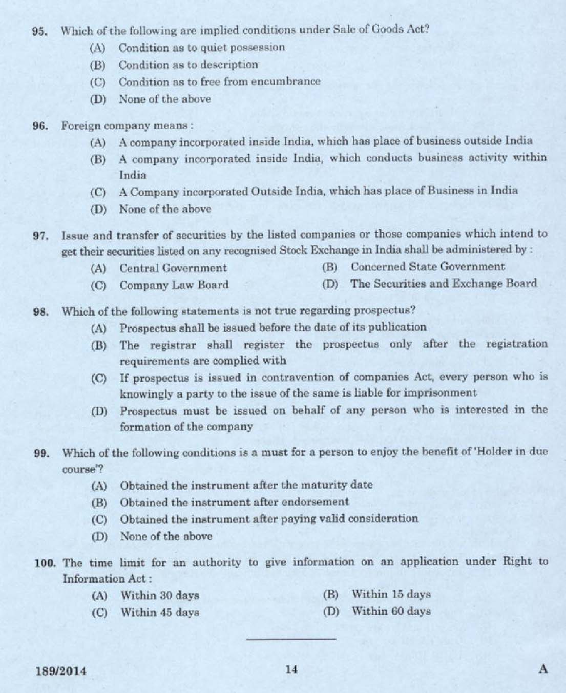 KPSC Legal Officer Exam 2014 Code 1892014 12
