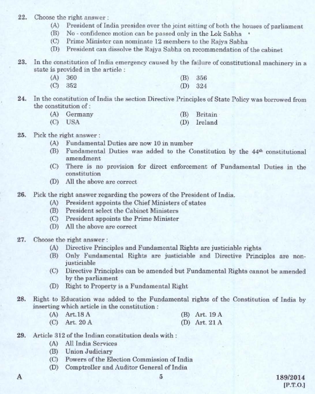 KPSC Legal Officer Exam 2014 Code 1892014 3
