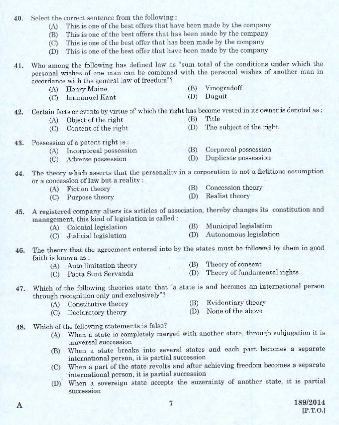 KPSC Legal Officer Exam 2014 Code 1892014 5