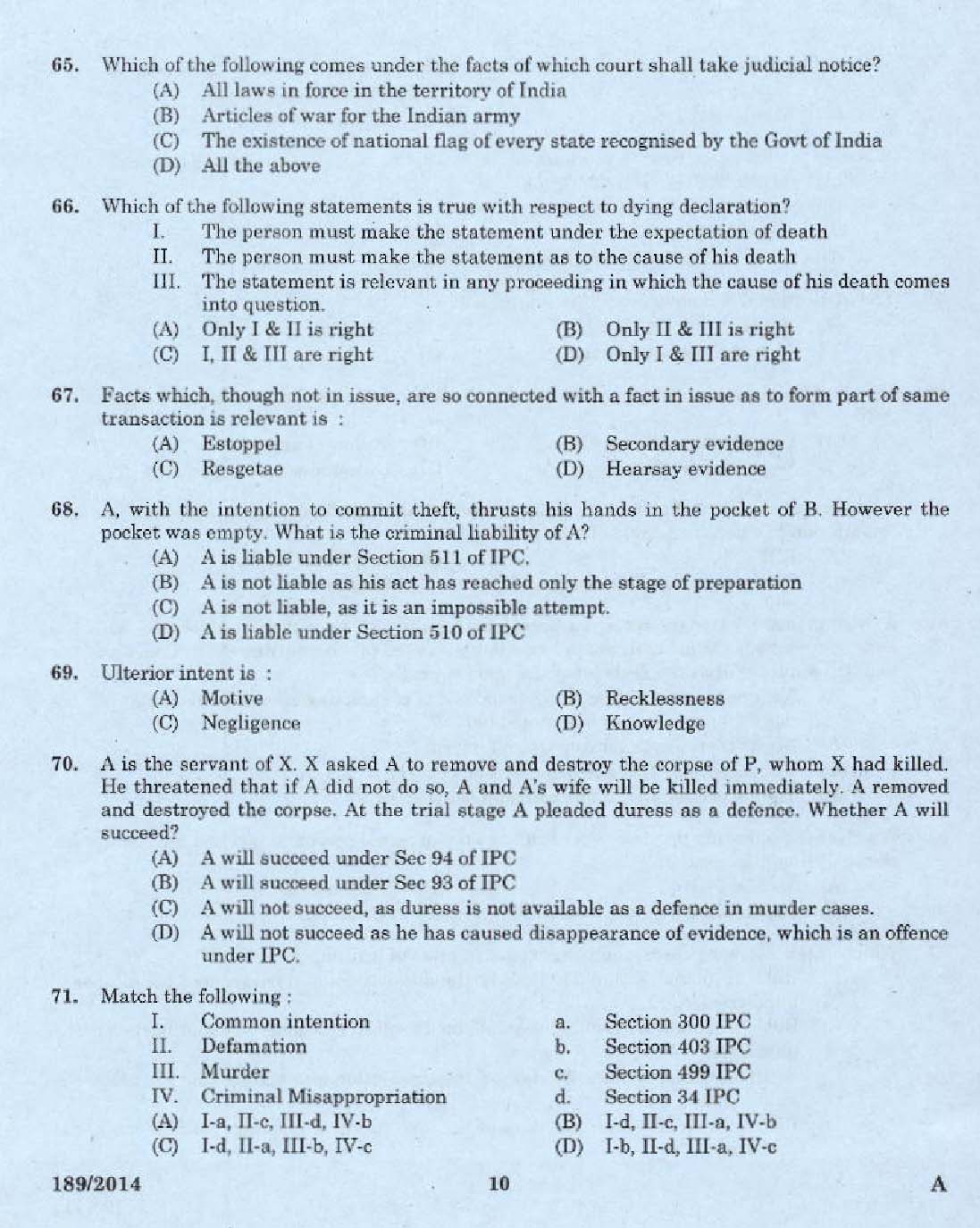 KPSC Legal Officer Exam 2014 Code 1892014 8