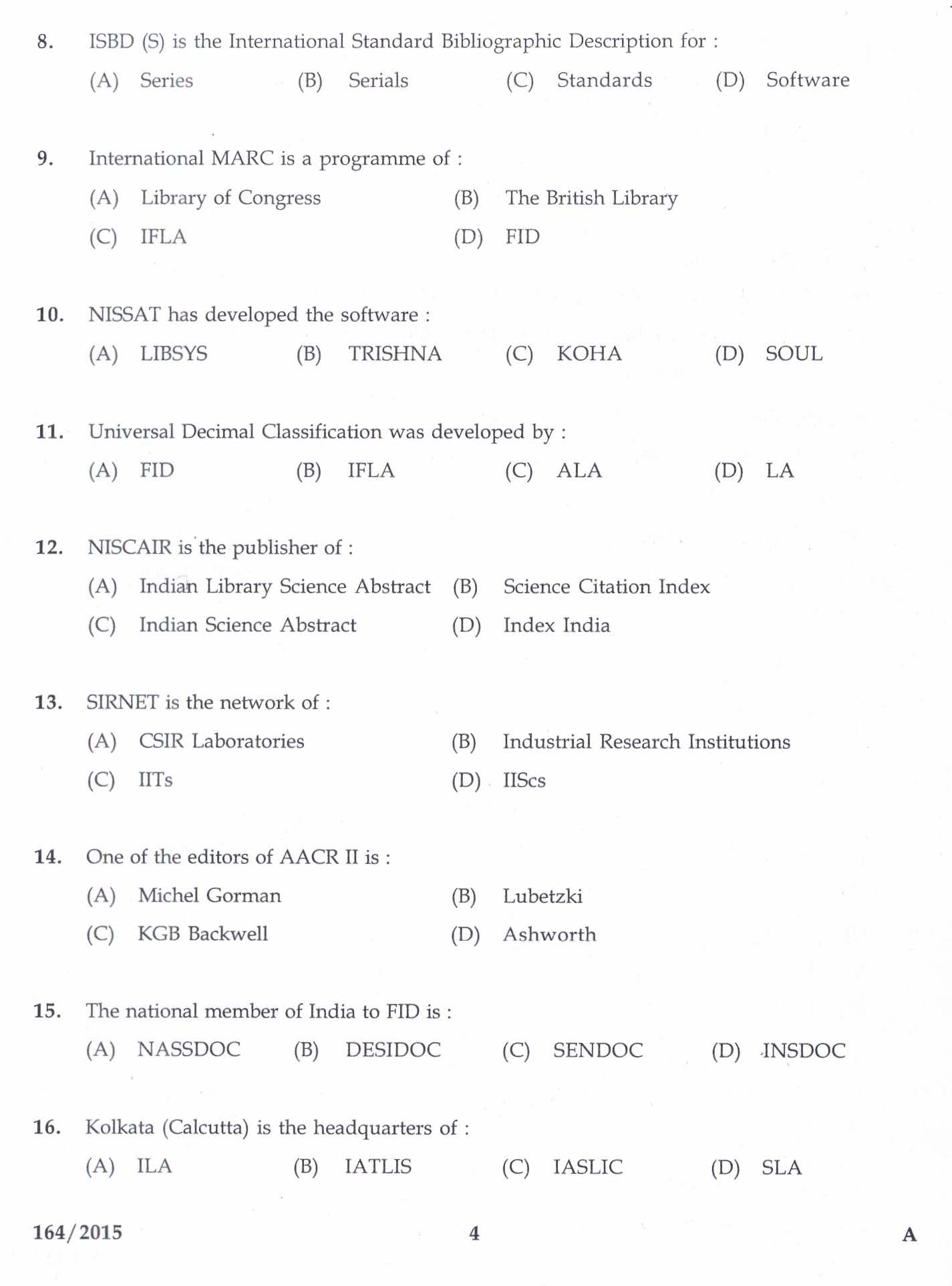 Kerala PSC Librarian Grade III Exam Question Code 1642015 2