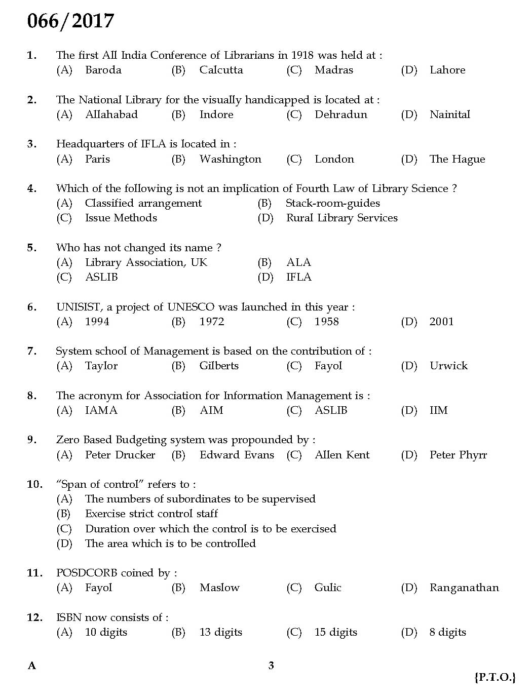 Kerala PSC Librarian Grade IV Exam Question Code 0662017 2