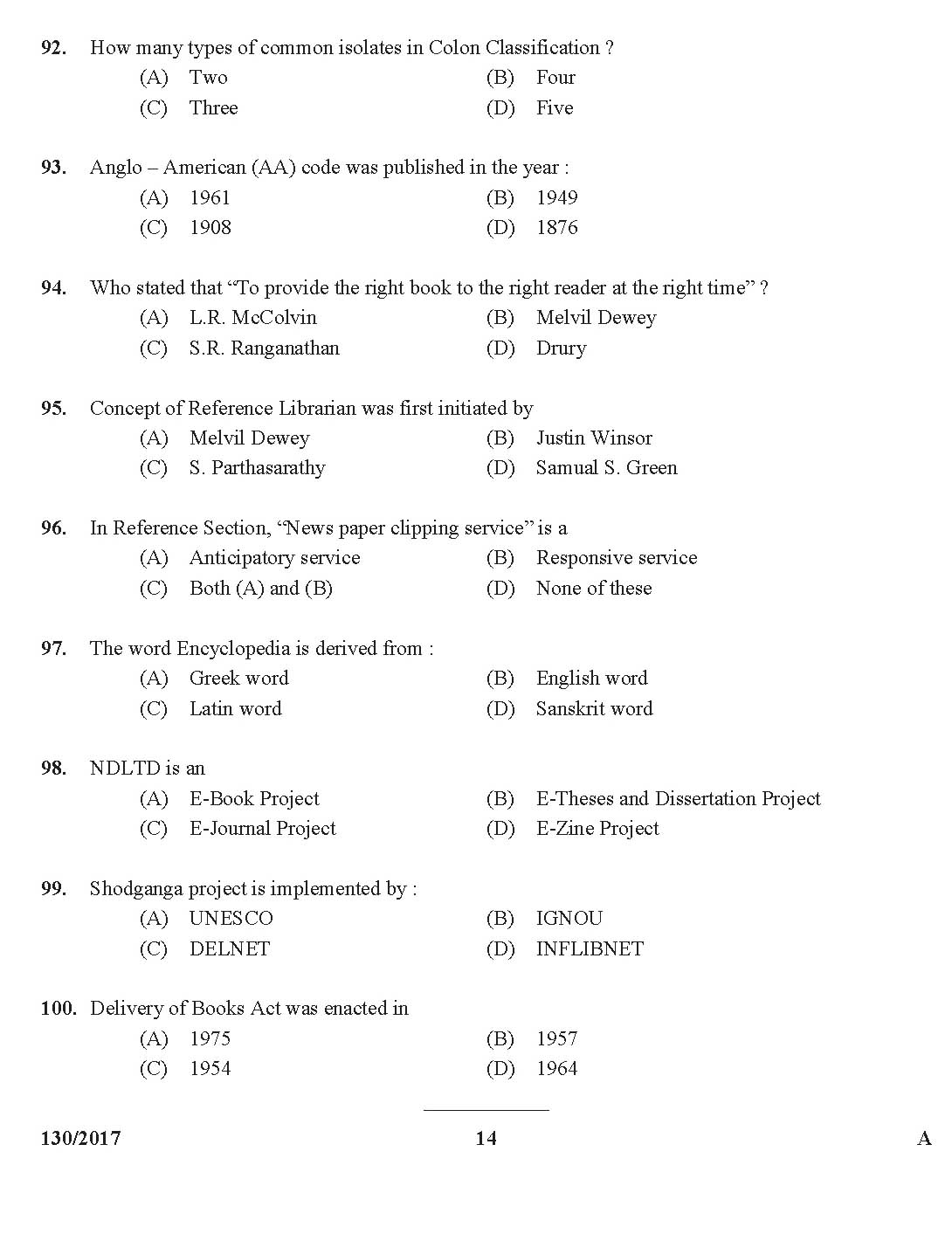 Kerala PSC Librarian Grade IV Exam Question Code 1302017 13