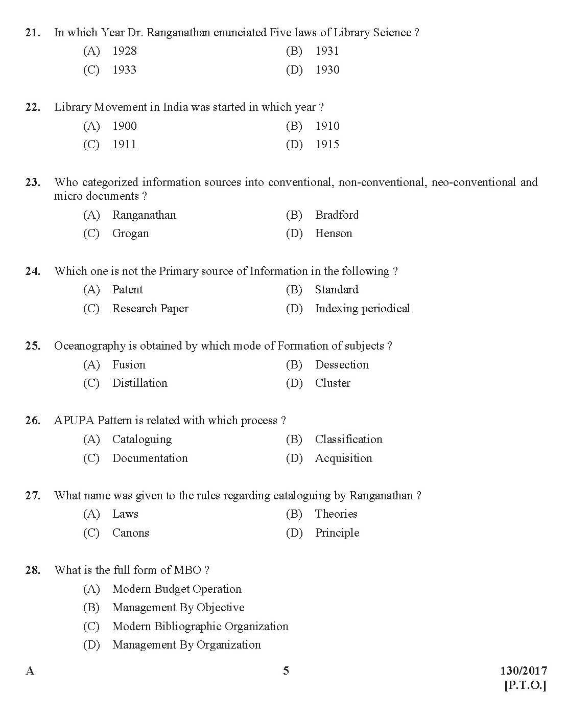 Kerala PSC Librarian Grade IV Exam Question Code 1302017 4
