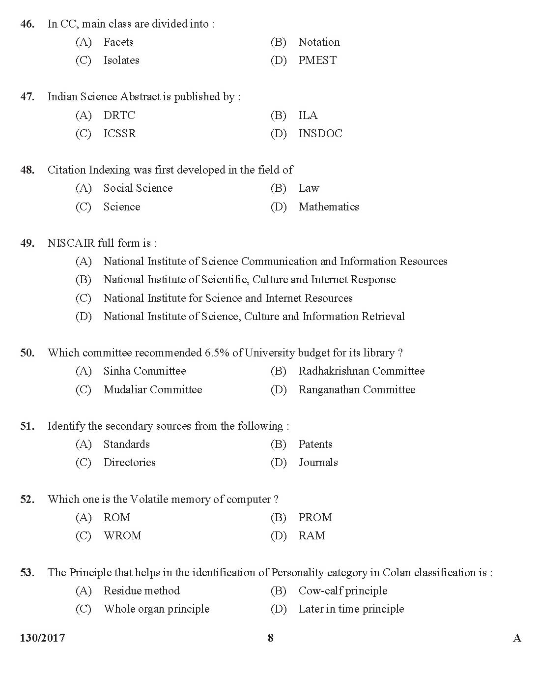 Kerala PSC Librarian Grade IV Exam Question Code 1302017 7
