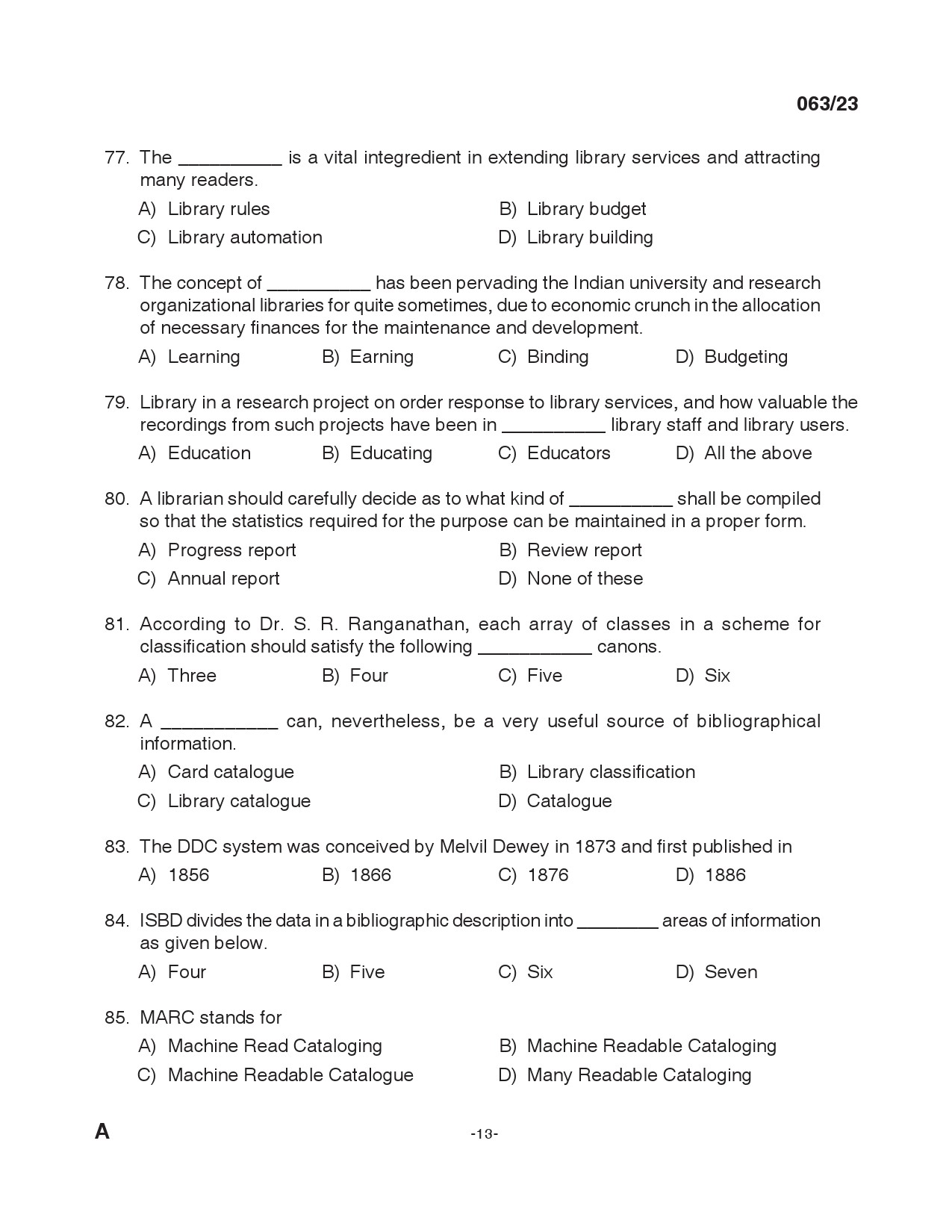 KPSC Librarian Grade IV Exam 2023 Code 0632023 12