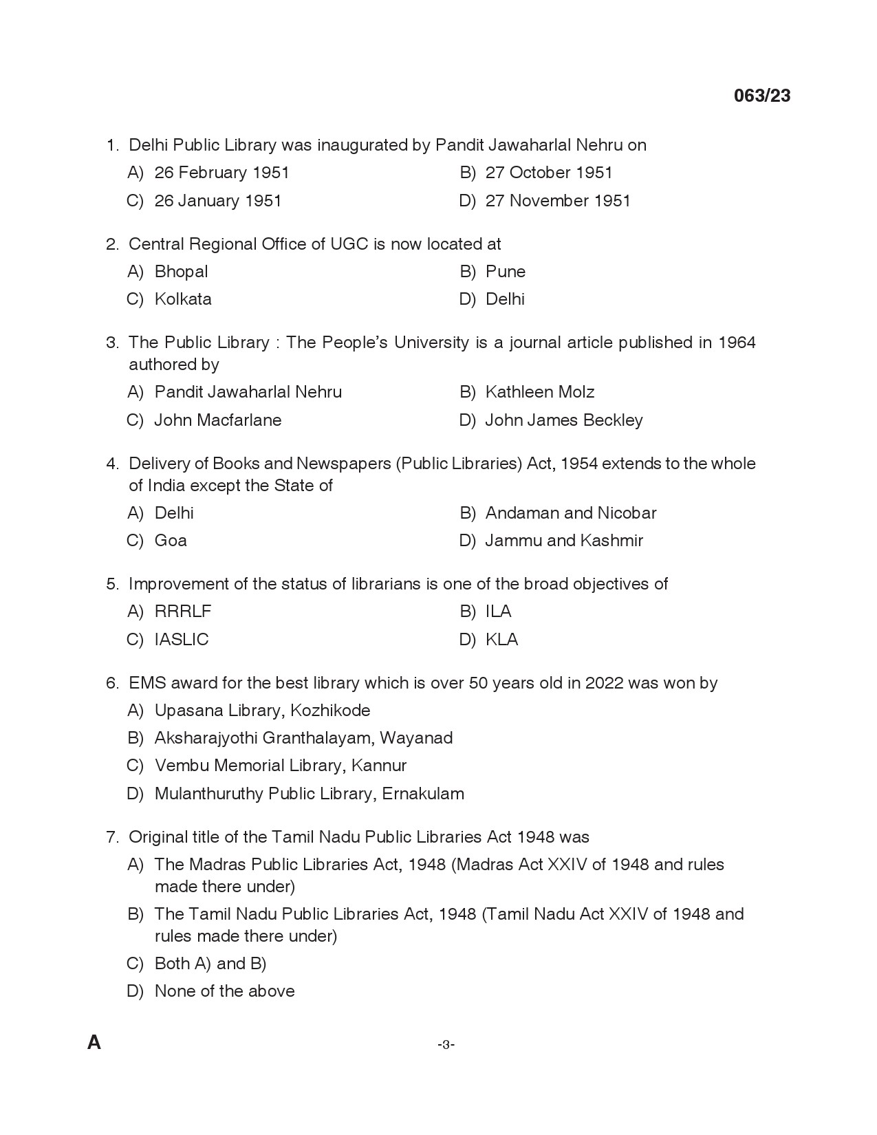 KPSC Librarian Grade IV Exam 2023 Code 0632023 2