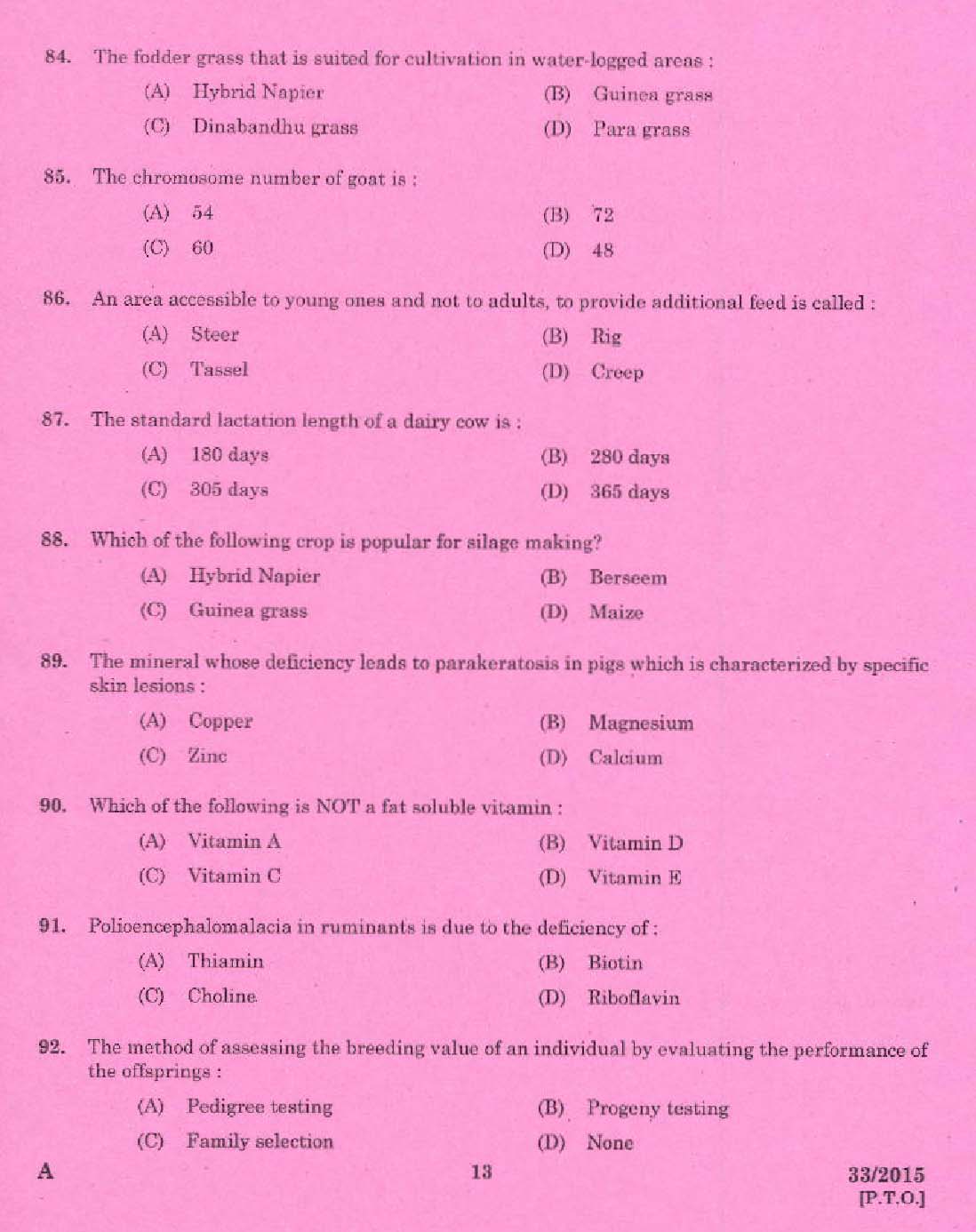 KPSC Livestock Inspector Grade II Exam 2015 Code 332015 11
