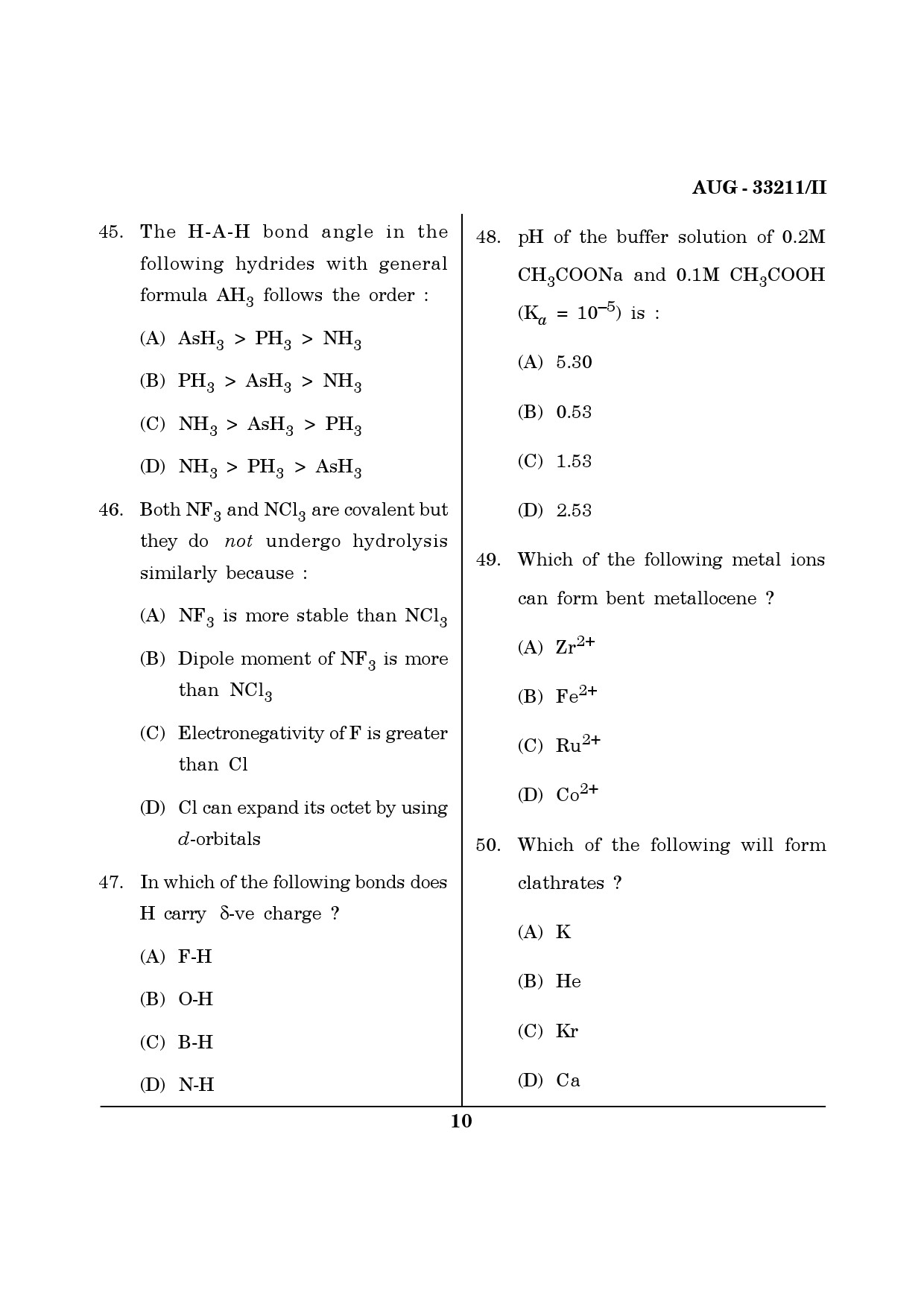 Maharashtra SET Chemical Sciences Question Paper II August 2011 10