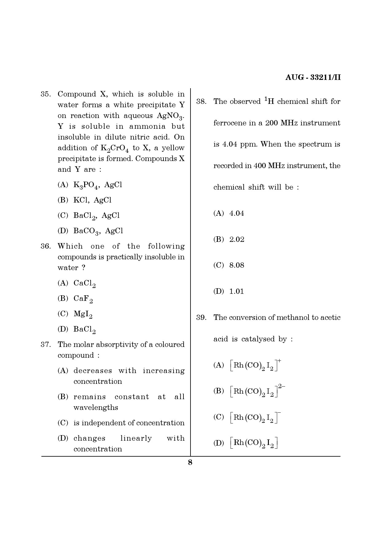 Maharashtra SET Chemical Sciences Question Paper II August 2011 8