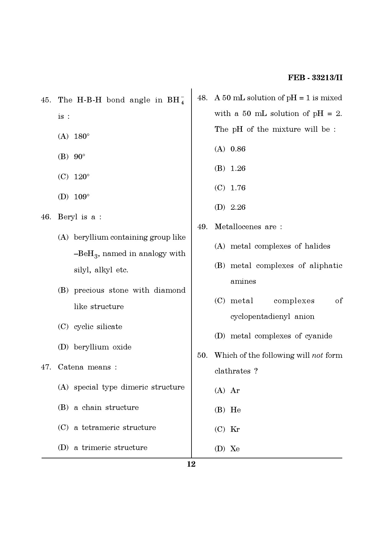 Maharashtra SET Chemical Sciences Question Paper II February 2013 12