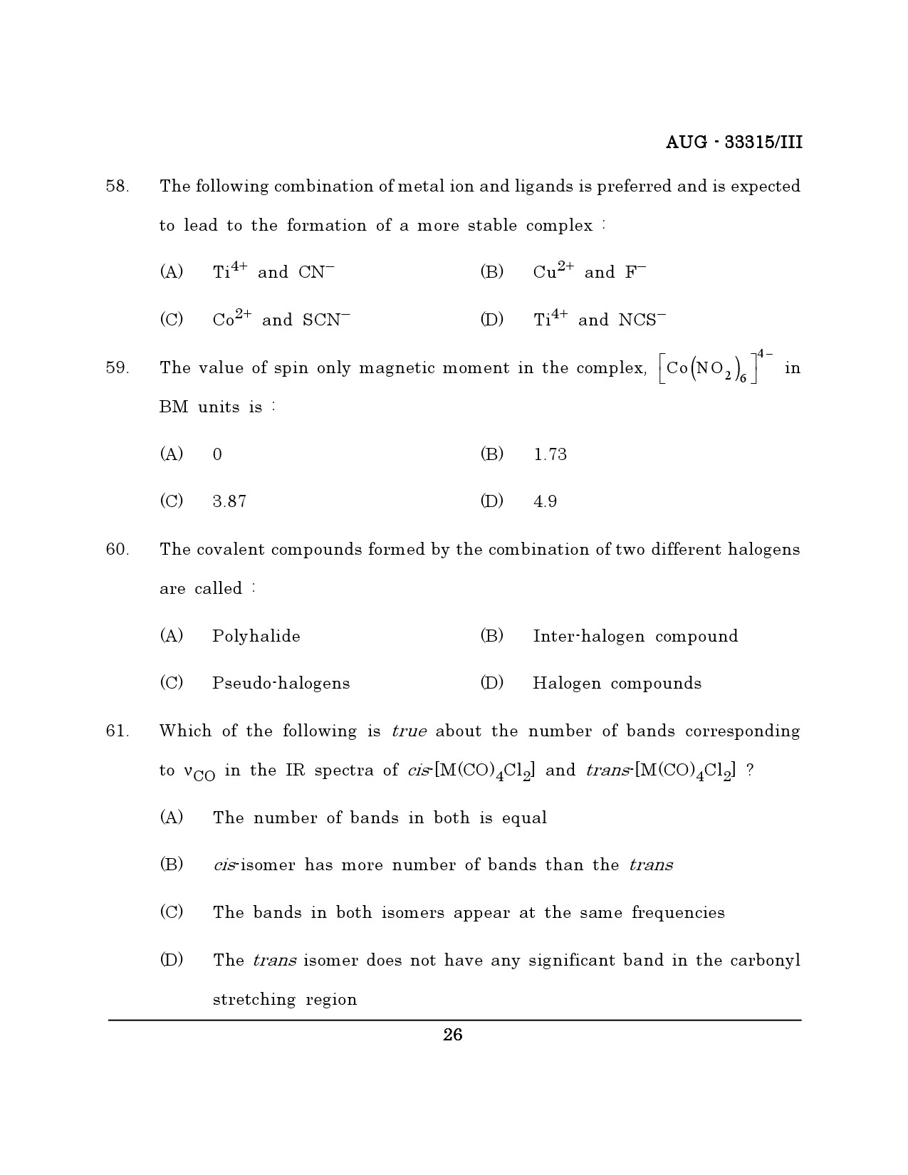 Maharashtra SET Chemical Sciences Question Paper III August 2015 25