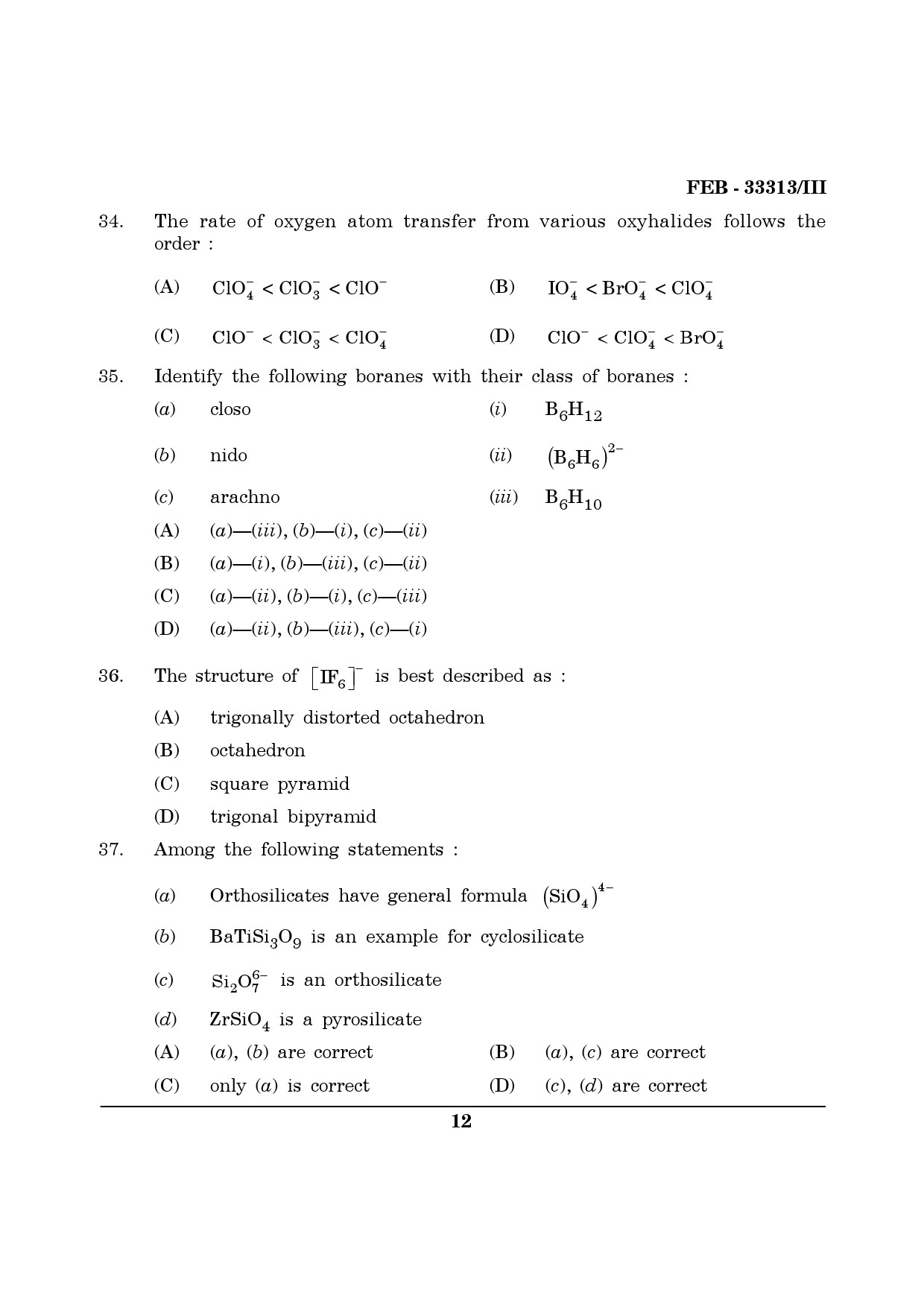 Maharashtra SET Chemical Sciences Question Paper III February 2013 12