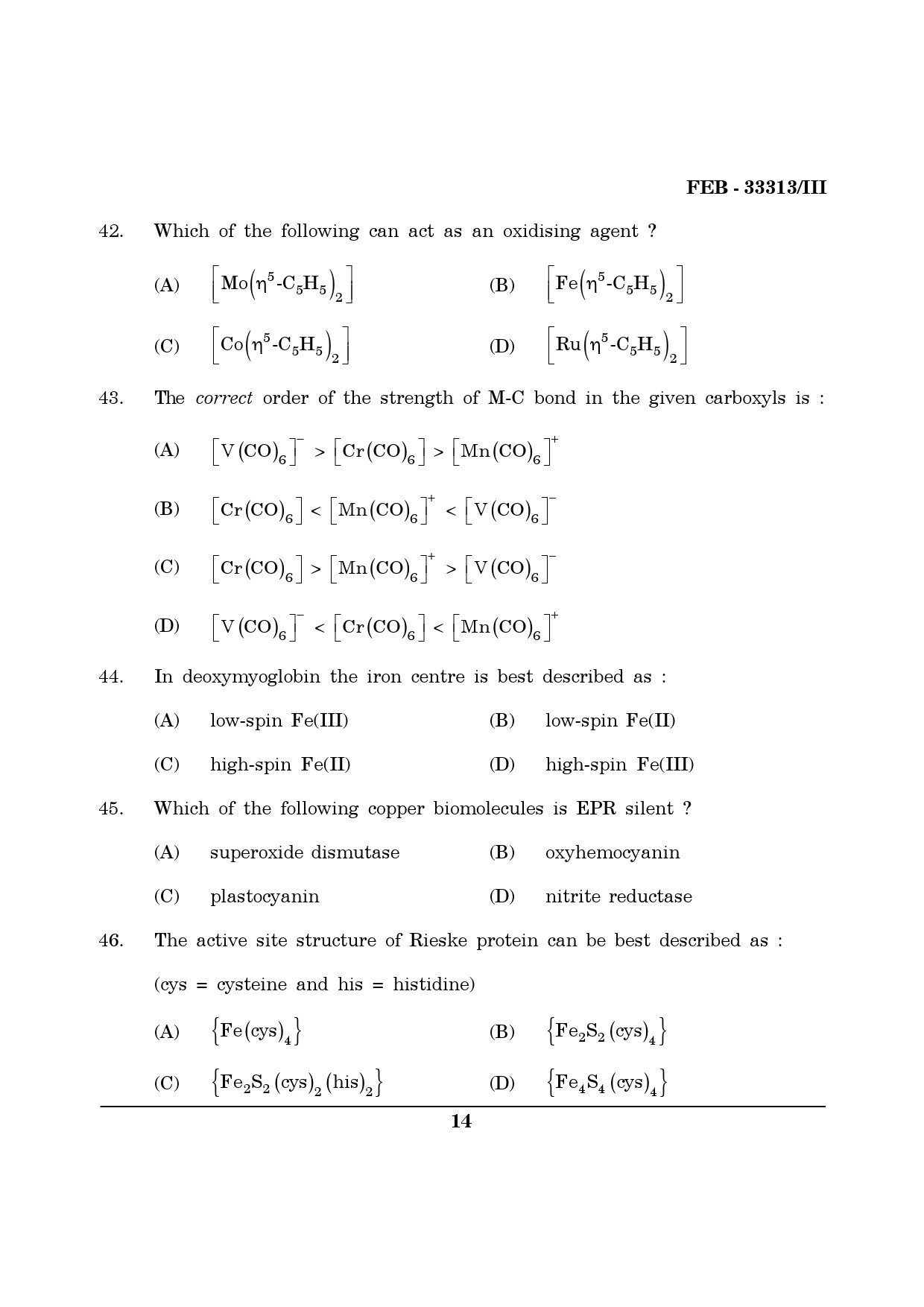 Maharashtra SET Chemical Sciences Question Paper III February 2013 14