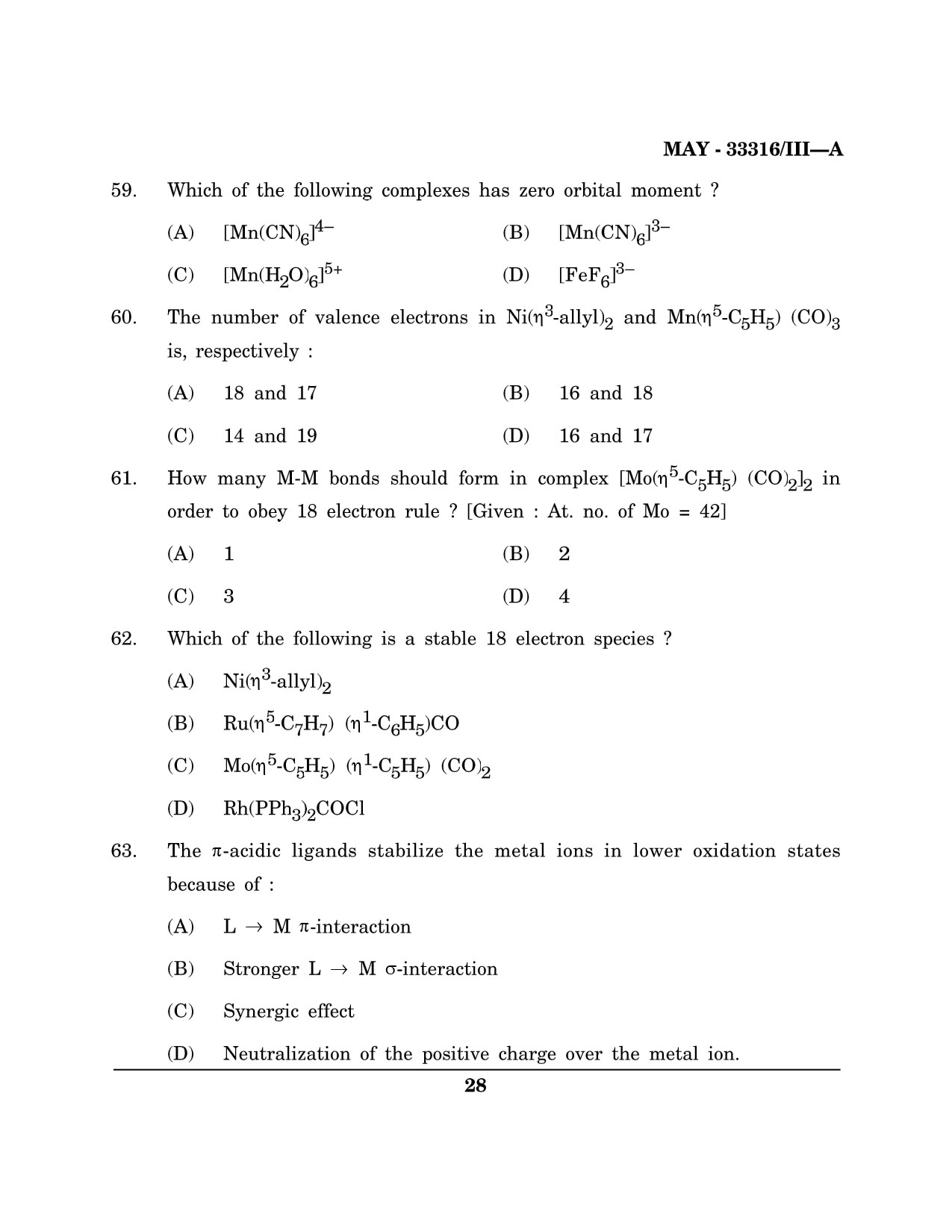 Maharashtra SET Chemical Sciences Question Paper III May 2016 27
