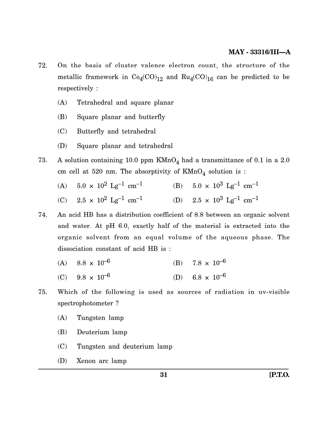 Maharashtra SET Chemical Sciences Question Paper III May 2016 30