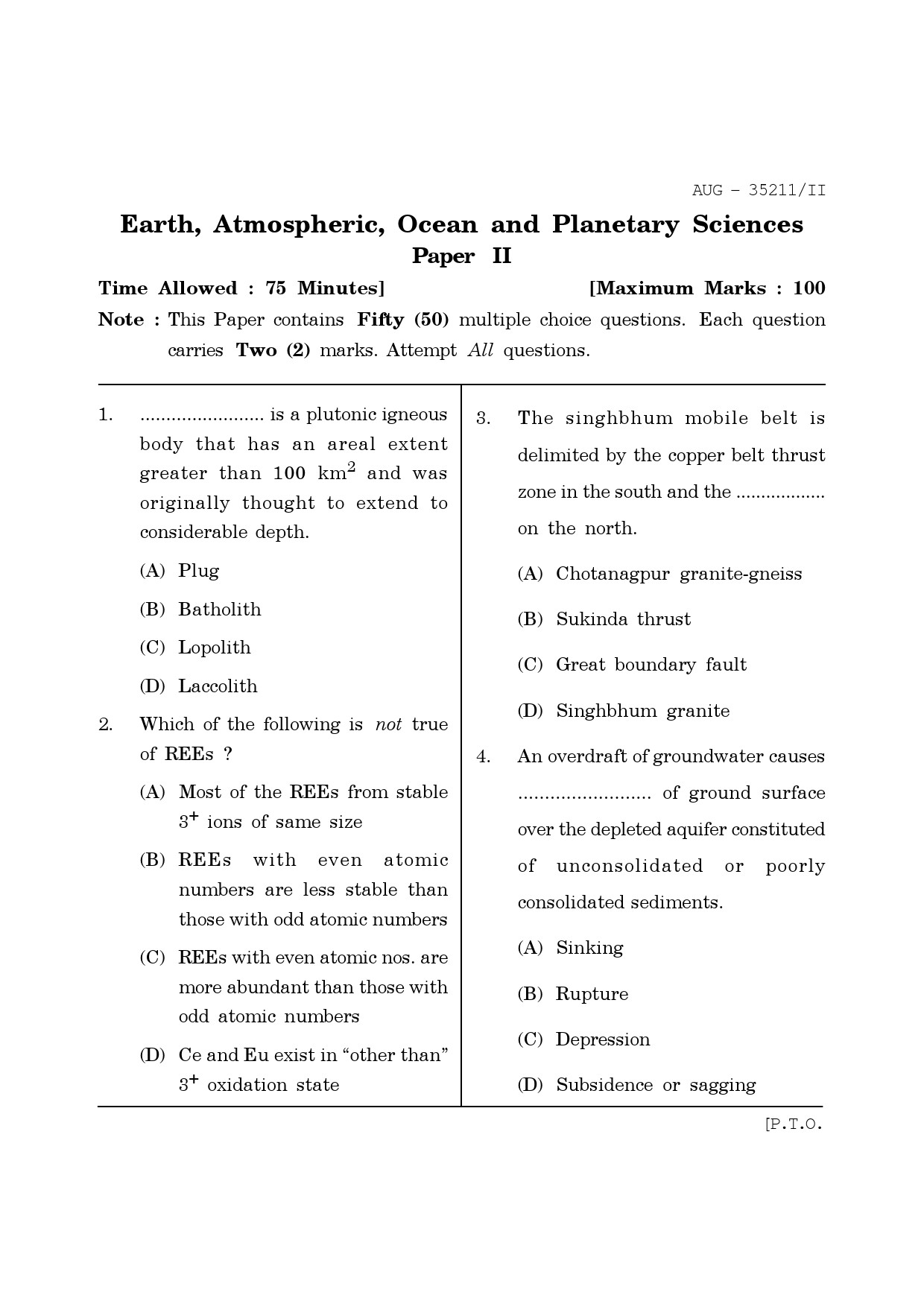 Maharashtra SET Earth Atmospheric Ocean Planetary Science Question Paper II August 2011 1
