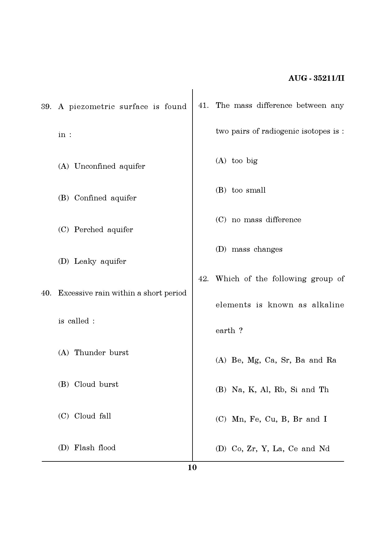 Maharashtra SET Earth Atmospheric Ocean Planetary Science Question Paper II August 2011 10