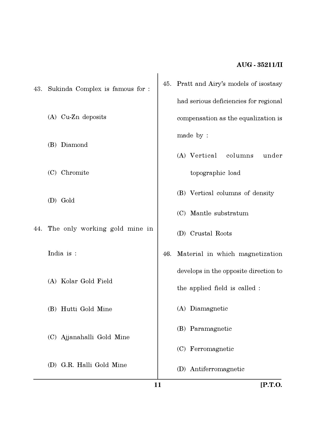 Maharashtra SET Earth Atmospheric Ocean Planetary Science Question Paper II August 2011 11