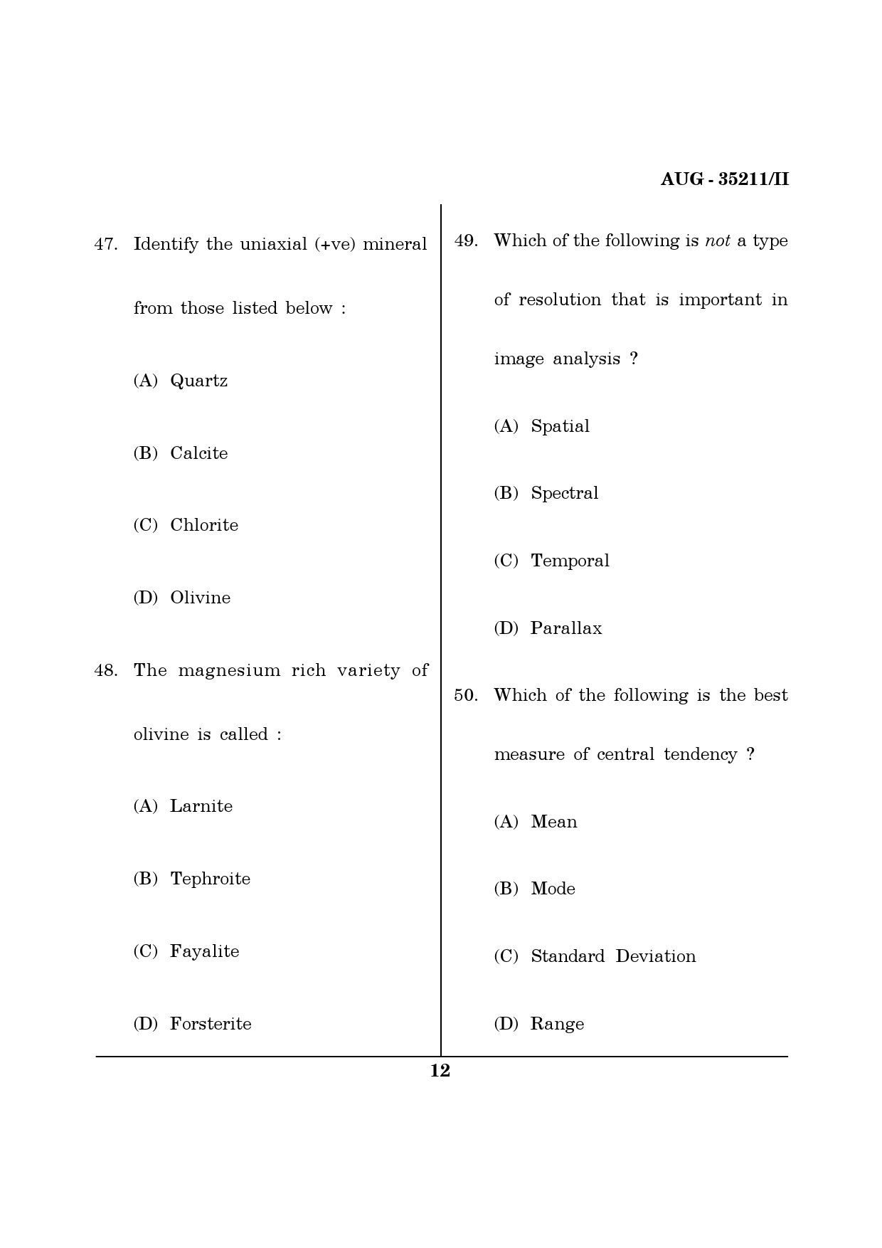 Maharashtra SET Earth Atmospheric Ocean Planetary Science Question Paper II August 2011 12