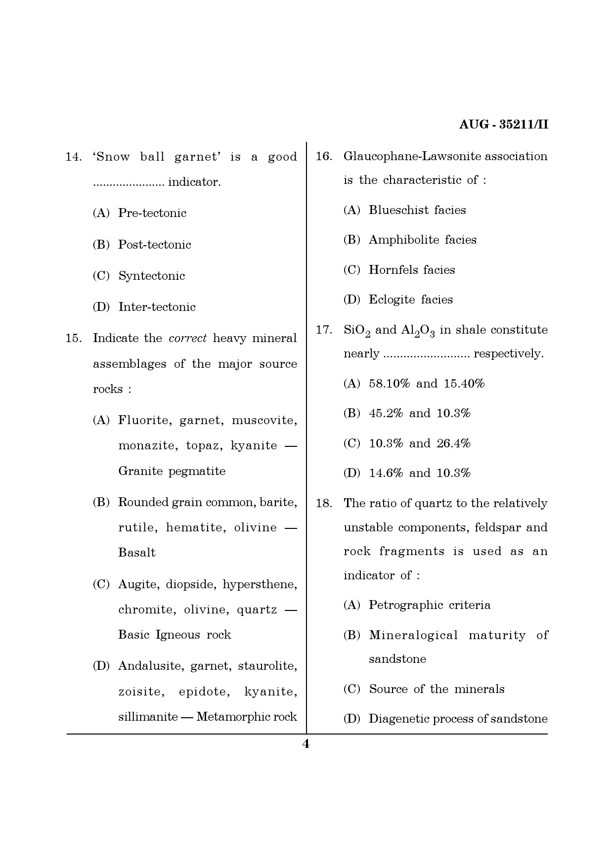 Maharashtra SET Earth Atmospheric Ocean Planetary Science Question Paper II August 2011 4