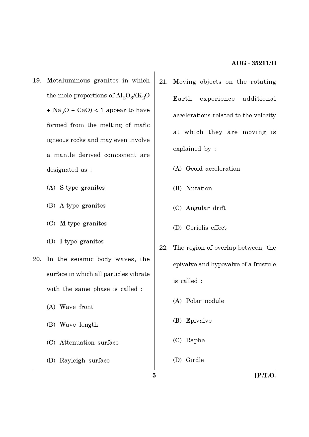 Maharashtra SET Earth Atmospheric Ocean Planetary Science Question Paper II August 2011 5