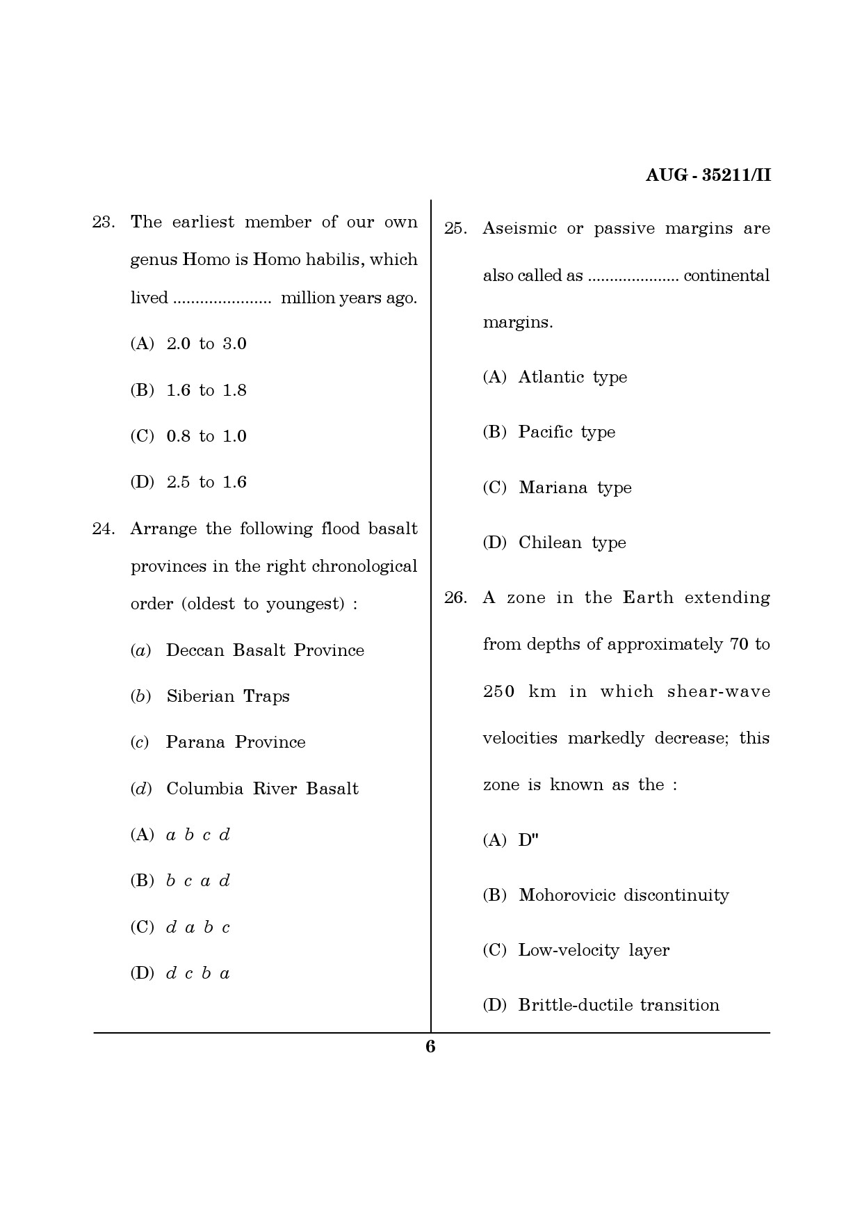 Maharashtra SET Earth Atmospheric Ocean Planetary Science Question Paper II August 2011 6