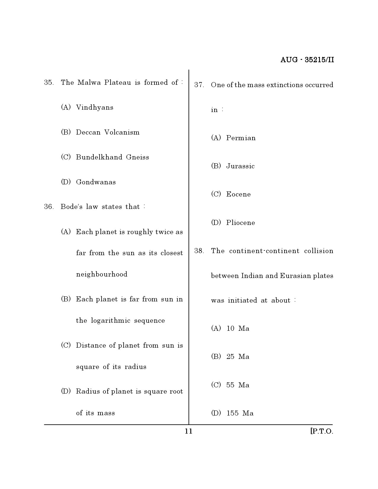 Maharashtra SET Earth Atmospheric Ocean Planetary Science Question Paper II August 2015 10