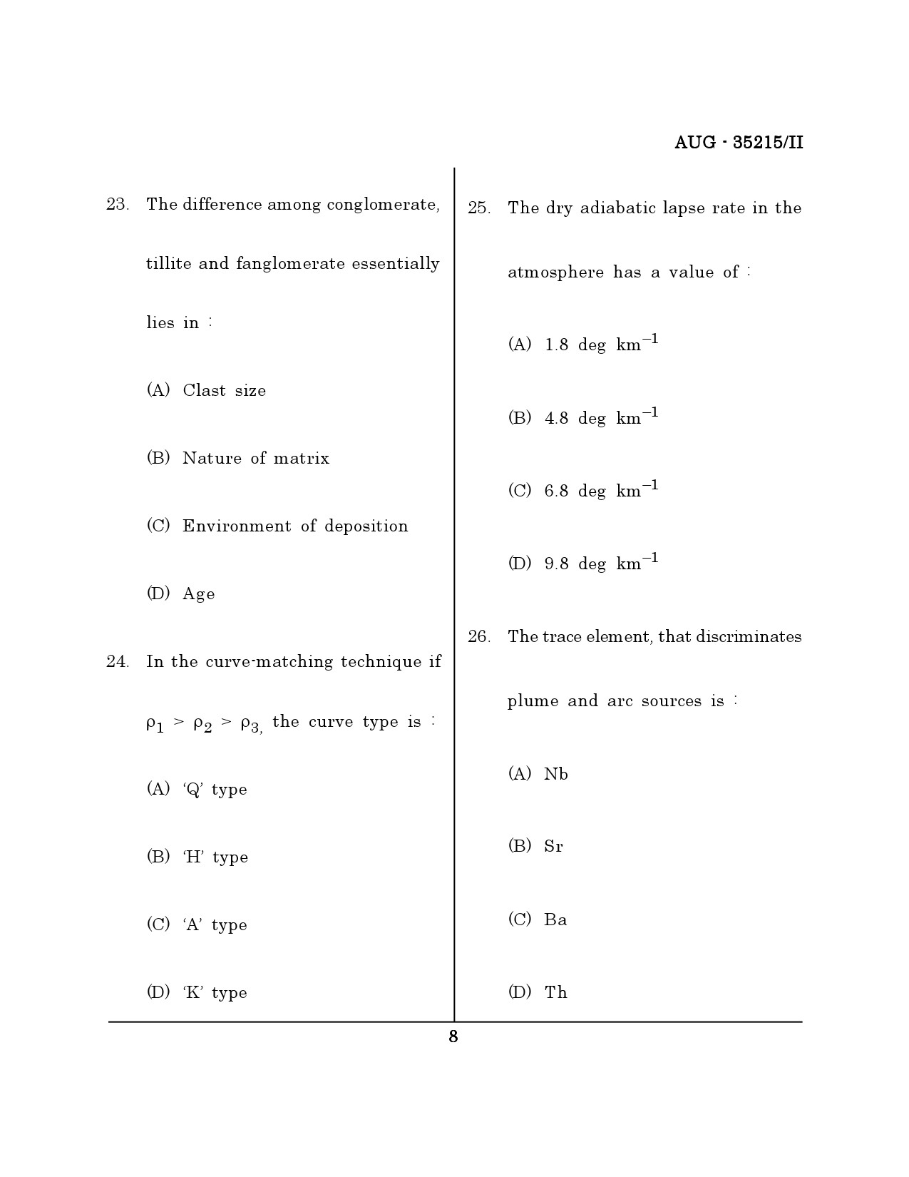 Maharashtra SET Earth Atmospheric Ocean Planetary Science Question Paper II August 2015 7