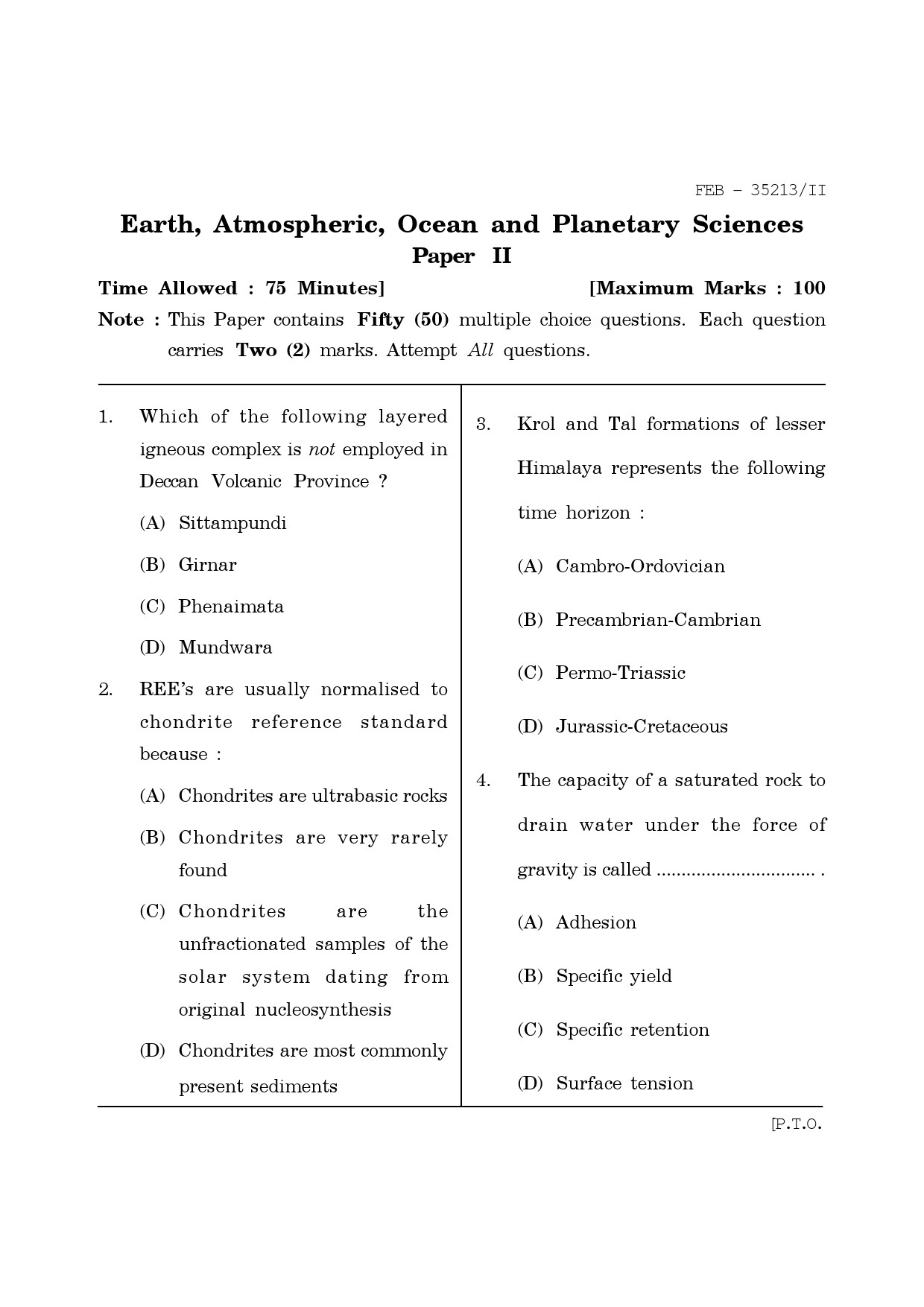 Maharashtra SET Earth Atmospheric Ocean Planetary Science Question Paper II February 2013 1