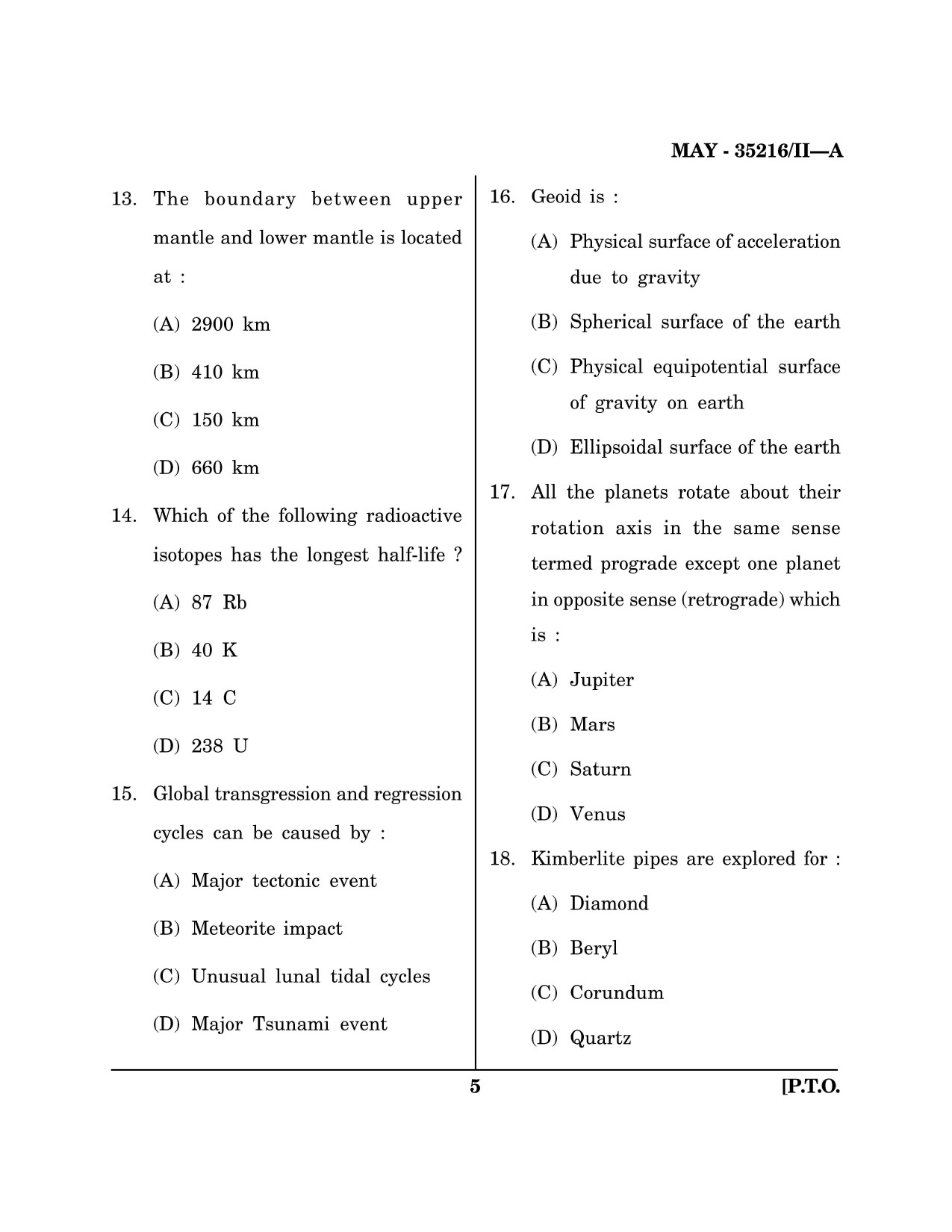 Maharashtra SET Earth Atmospheric Ocean Planetary Science Question Paper II May 2016 4