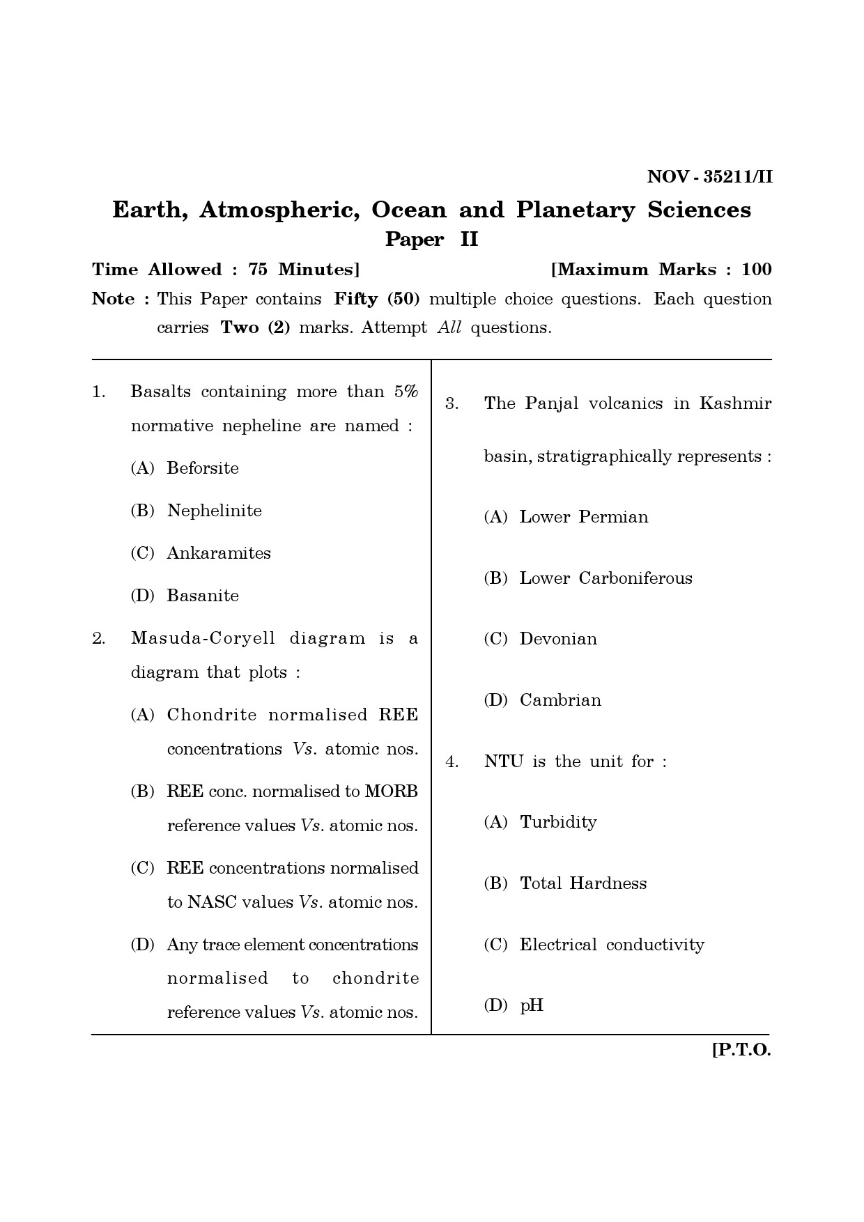 Maharashtra SET Earth Atmospheric Ocean Planetary Science Question Paper II November 2011 1