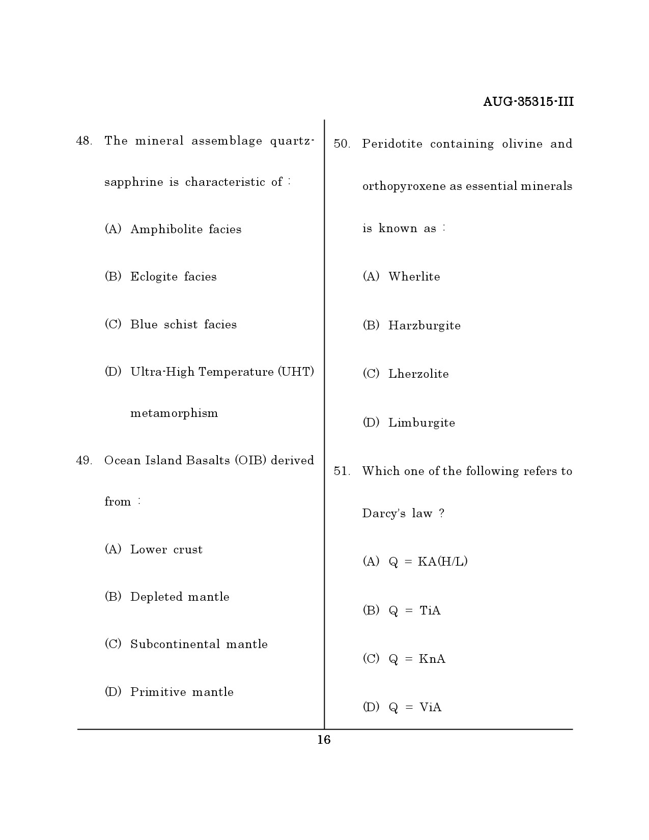 Maharashtra SET Earth Atmospheric Ocean Planetary Science Question Paper III August 2015 15