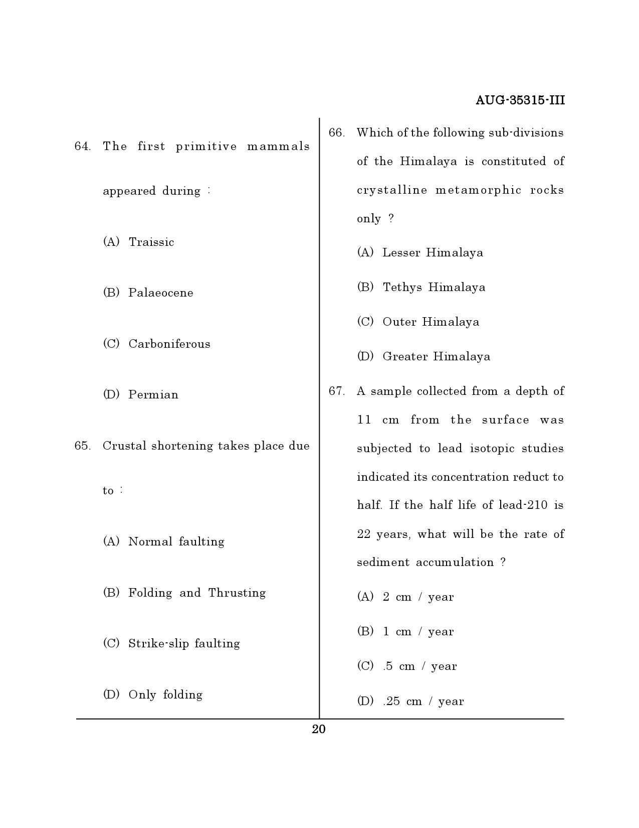 Maharashtra SET Earth Atmospheric Ocean Planetary Science Question Paper III August 2015 19