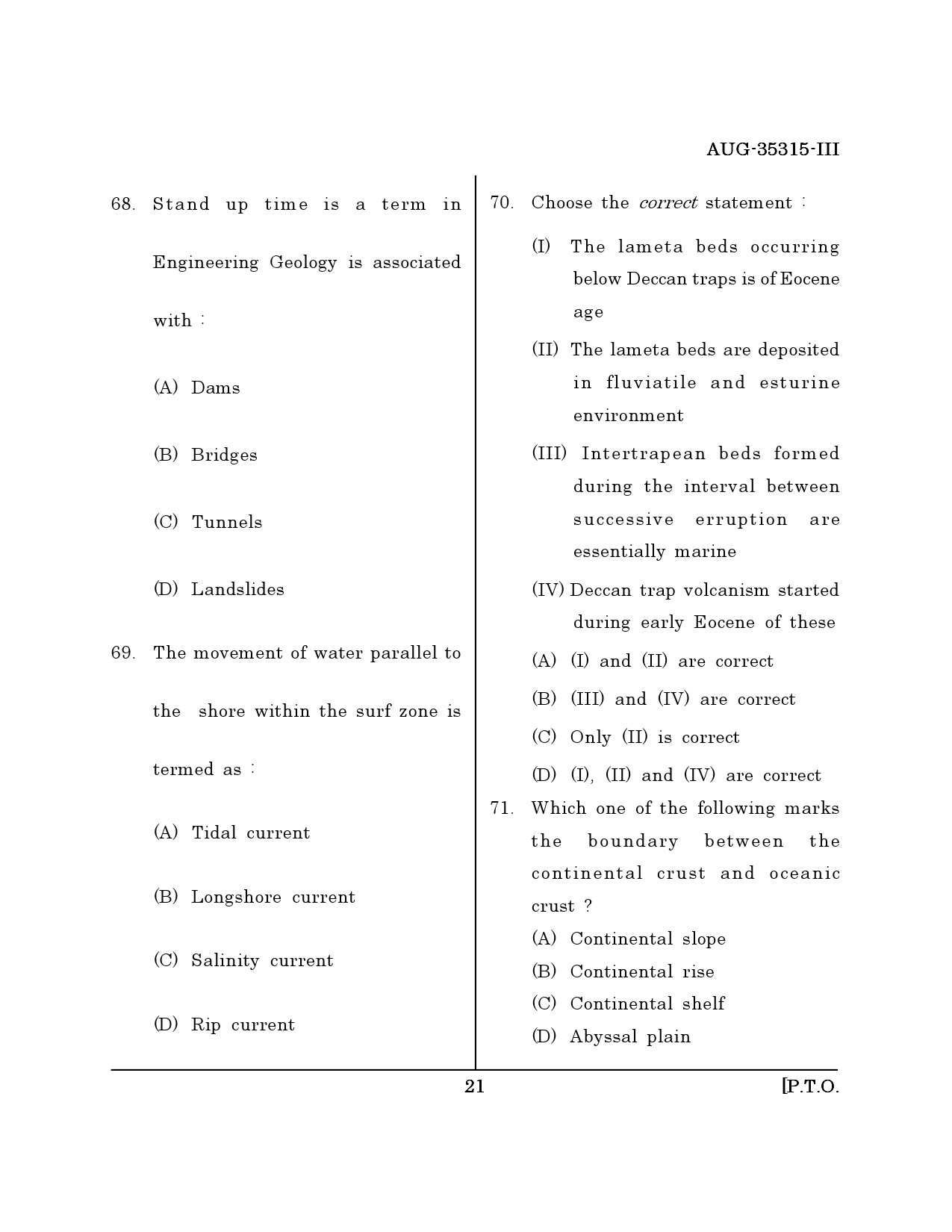 Maharashtra SET Earth Atmospheric Ocean Planetary Science Question Paper III August 2015 20