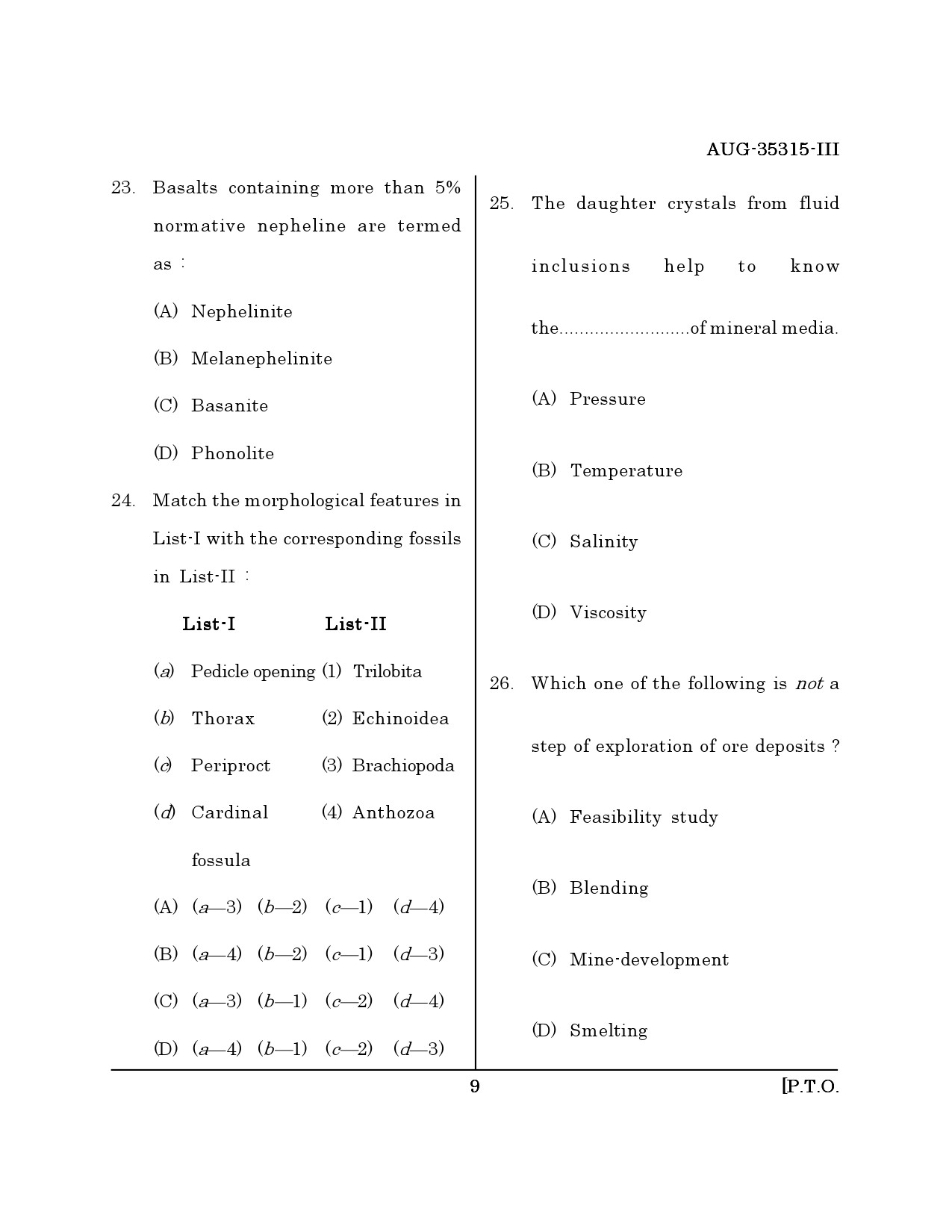 Maharashtra SET Earth Atmospheric Ocean Planetary Science Question Paper III August 2015 8