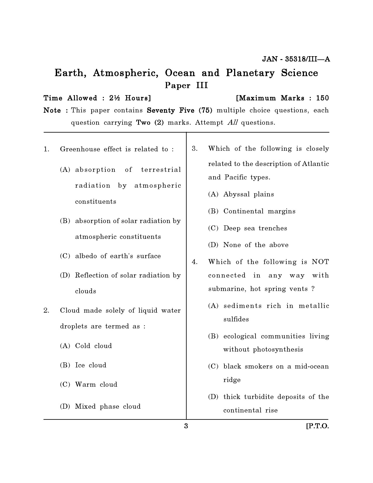 Maharashtra SET Earth Atmospheric Ocean Planetary Science Question Paper III January 2018 2