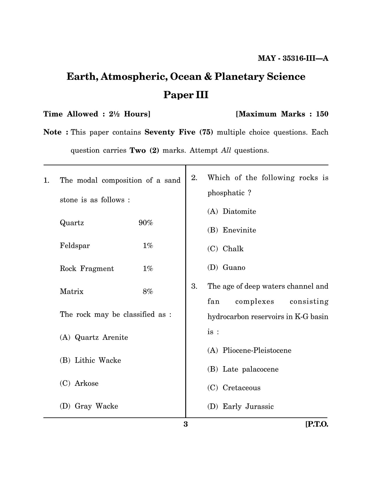 Maharashtra SET Earth Atmospheric Ocean Planetary Science Question Paper III May 2016 2