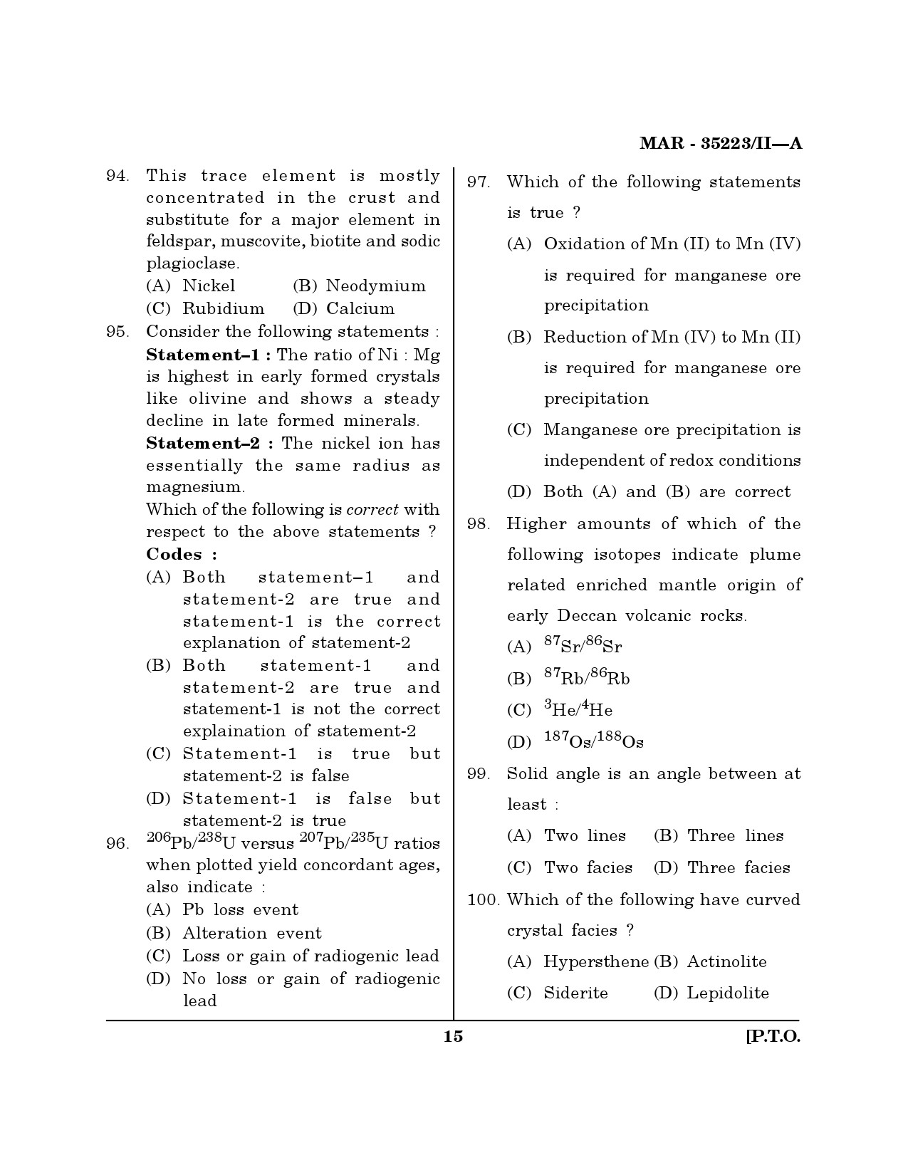 MH SET Earth Science Question Paper II March 2023 14