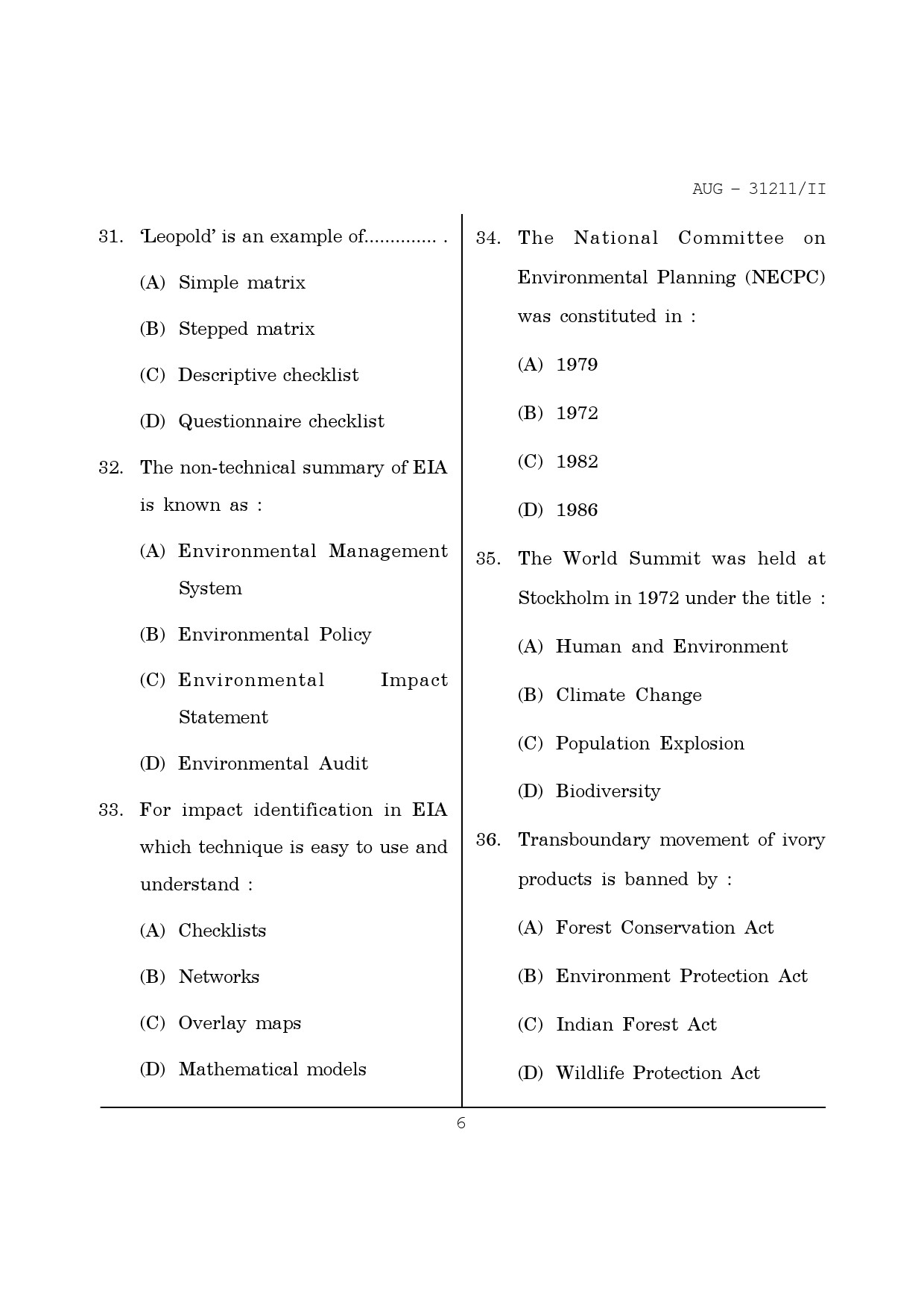 Maharashtra SET Environmental Sciences Question Paper II August 2011 6