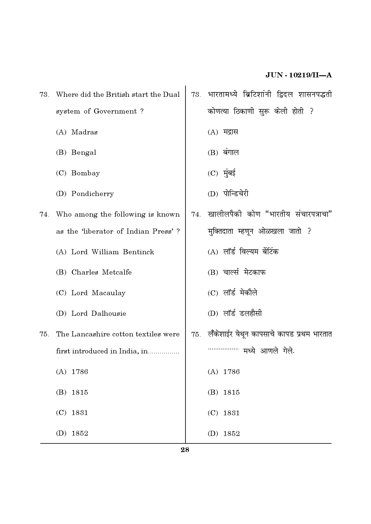 Maharashtra SET History Question Paper II June 2019 27